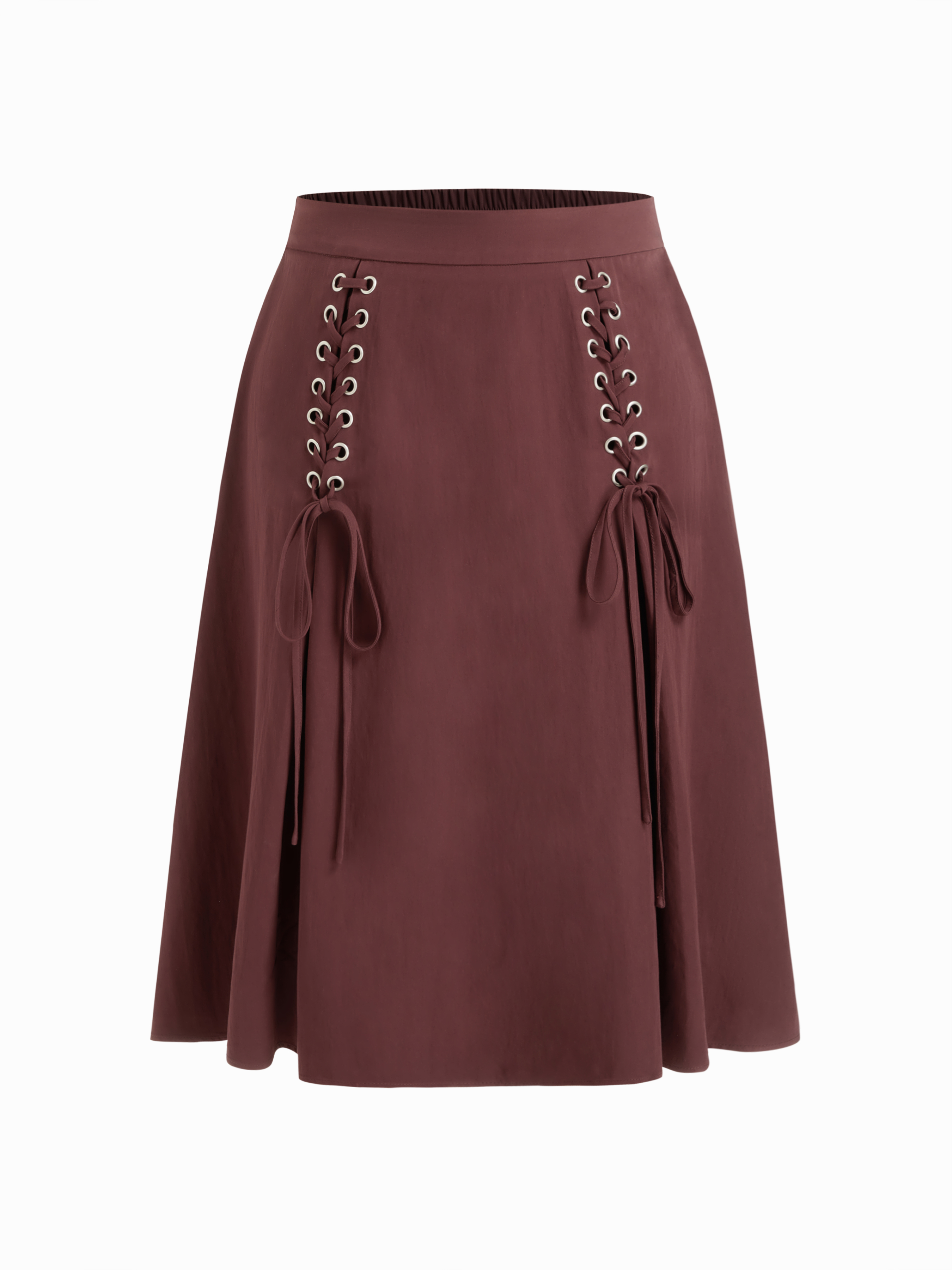 Mid Rise Lace Up Elastic Waist A-line Midi Skirt Curve & Plus
