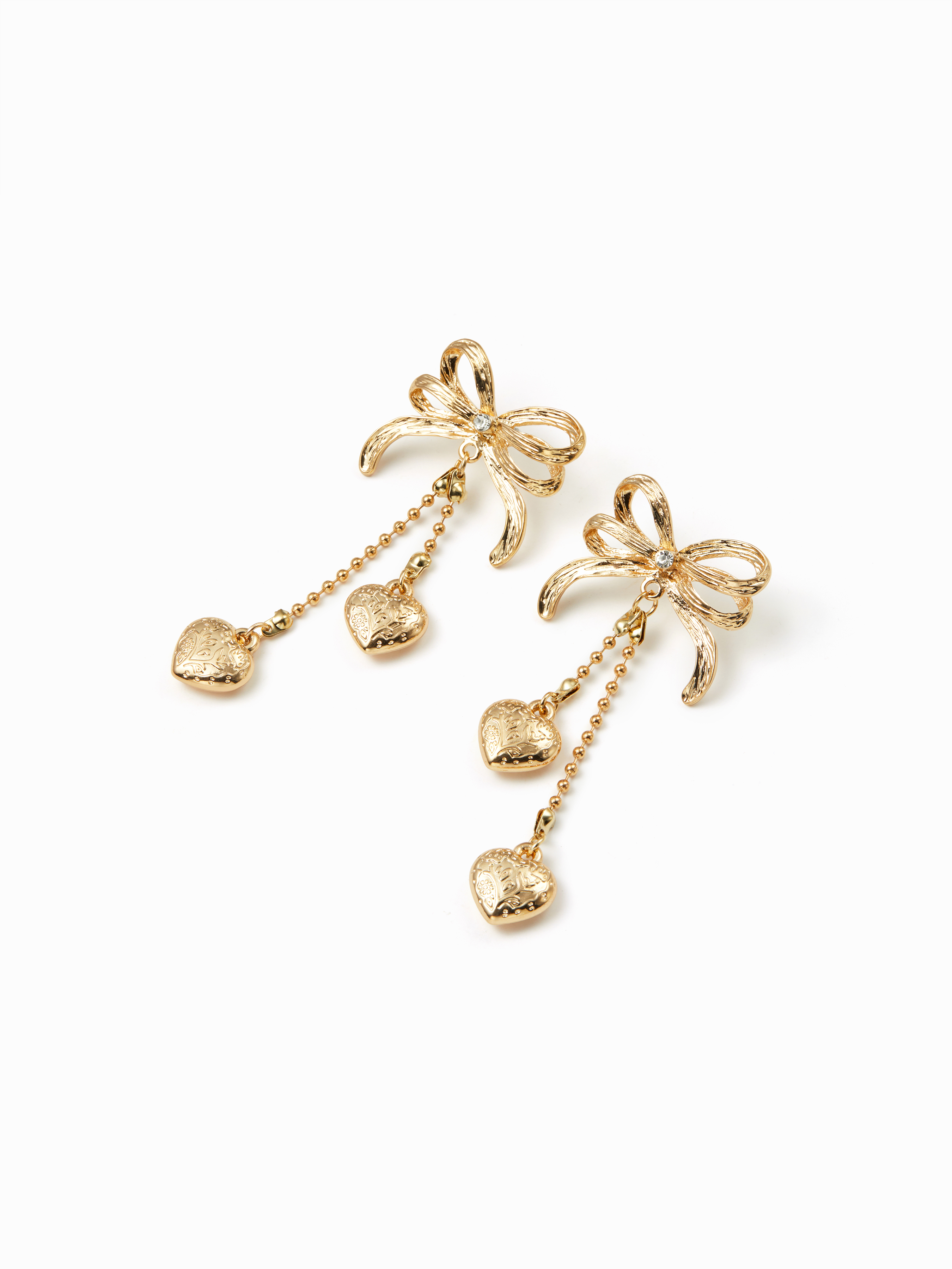 TEXTURED BOWKNOT & HEART DROP EARRINGS