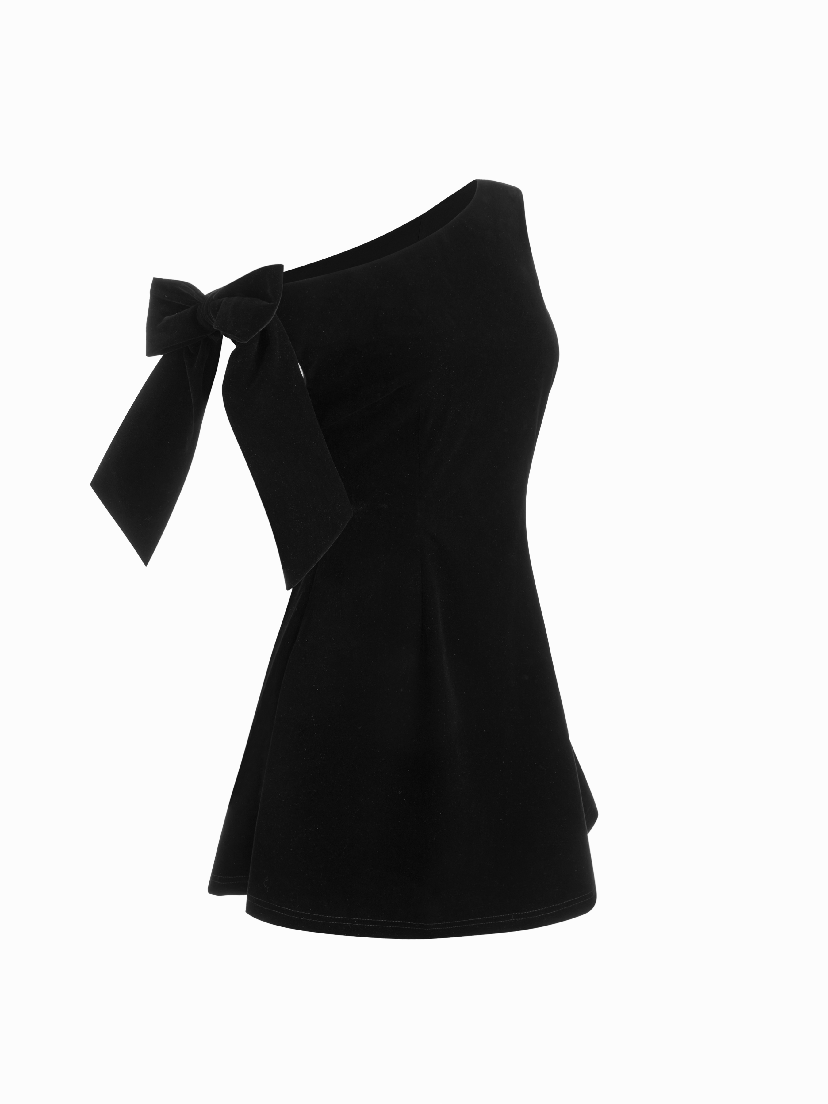 Velvet Asymmetrical Neck Bowknot Mini Dress