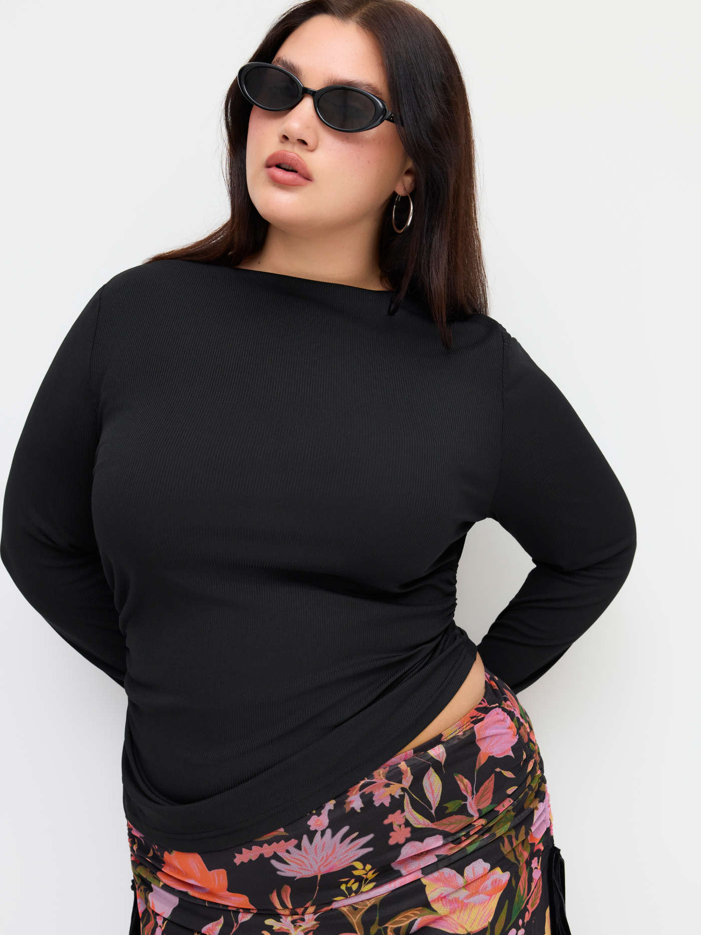Round Neckline Ruched Long Sleeve Top & Mid Rise Floral Knotted Maxi Skirt Set Curve & Plus