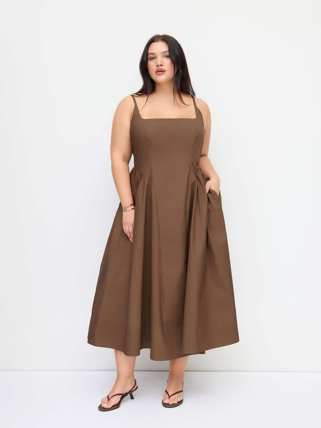 Woven 100% Cotton U-neckline Ruched Ruffle Hem Maxi Cami Dress