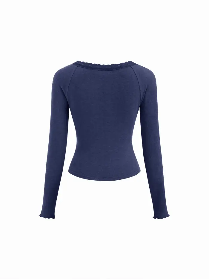 Thermal Cotton-blend V-neck Long Sleeve Lace Trim Ruched Tee