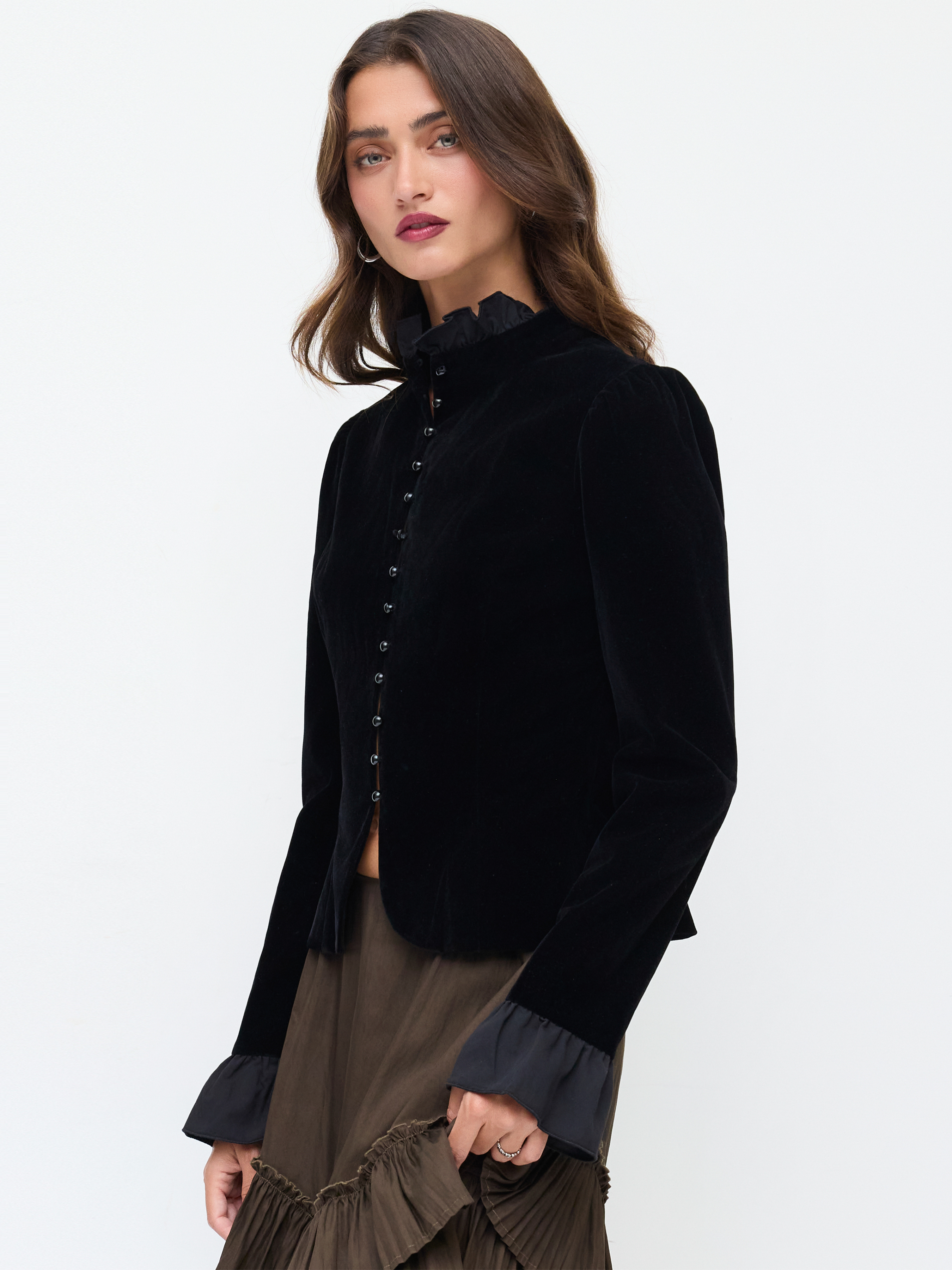 Velvet Stand Collar Lettuce Trim Bell Sleeve Jacket