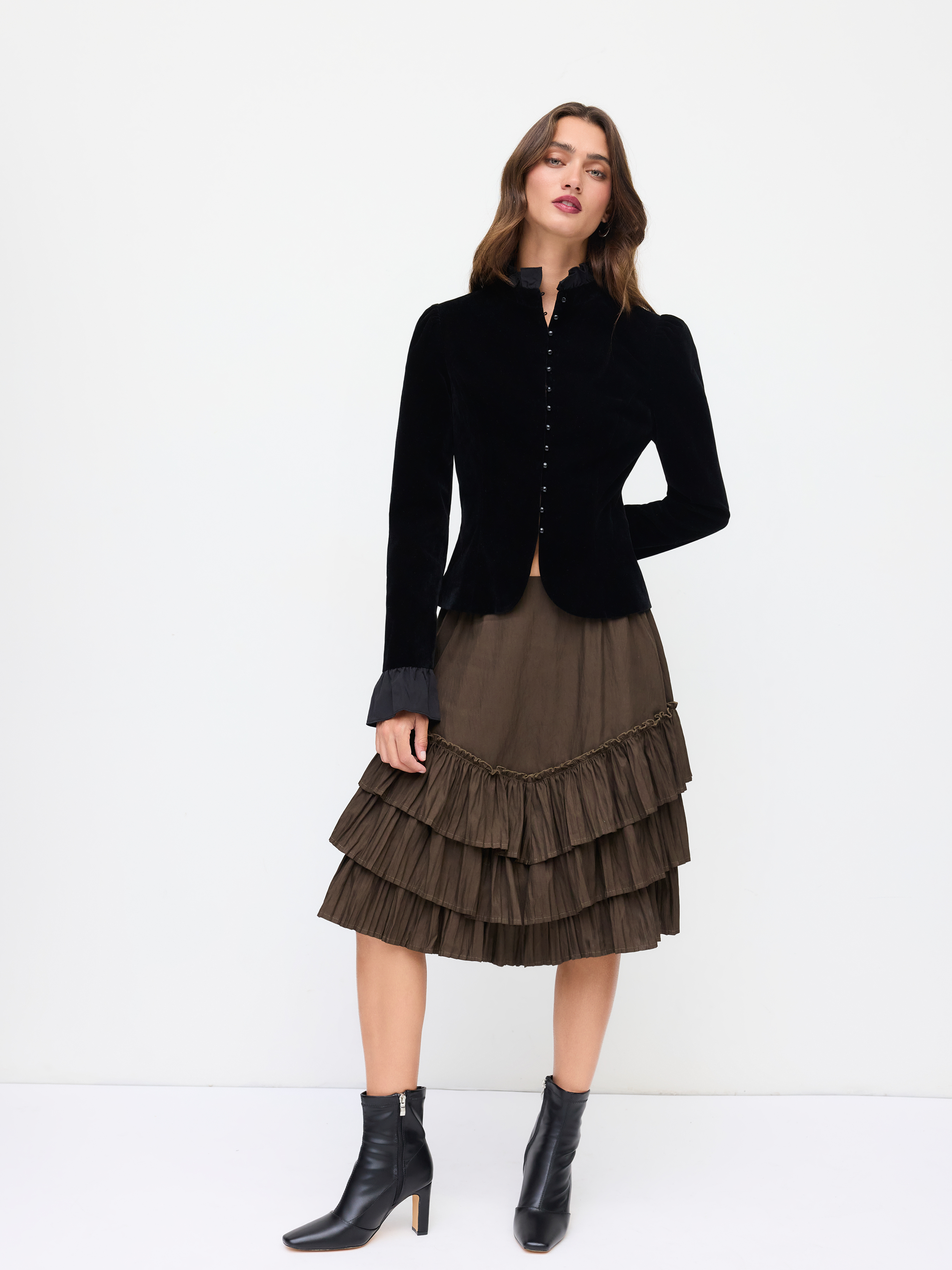 Velvet Stand Collar Lettuce Trim Bell Sleeve Jacket