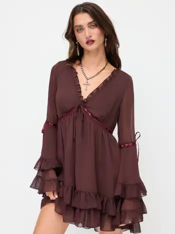 Textured Floral High Neck Long Sleeve Beaded Wrap Tie Side Ruched Top