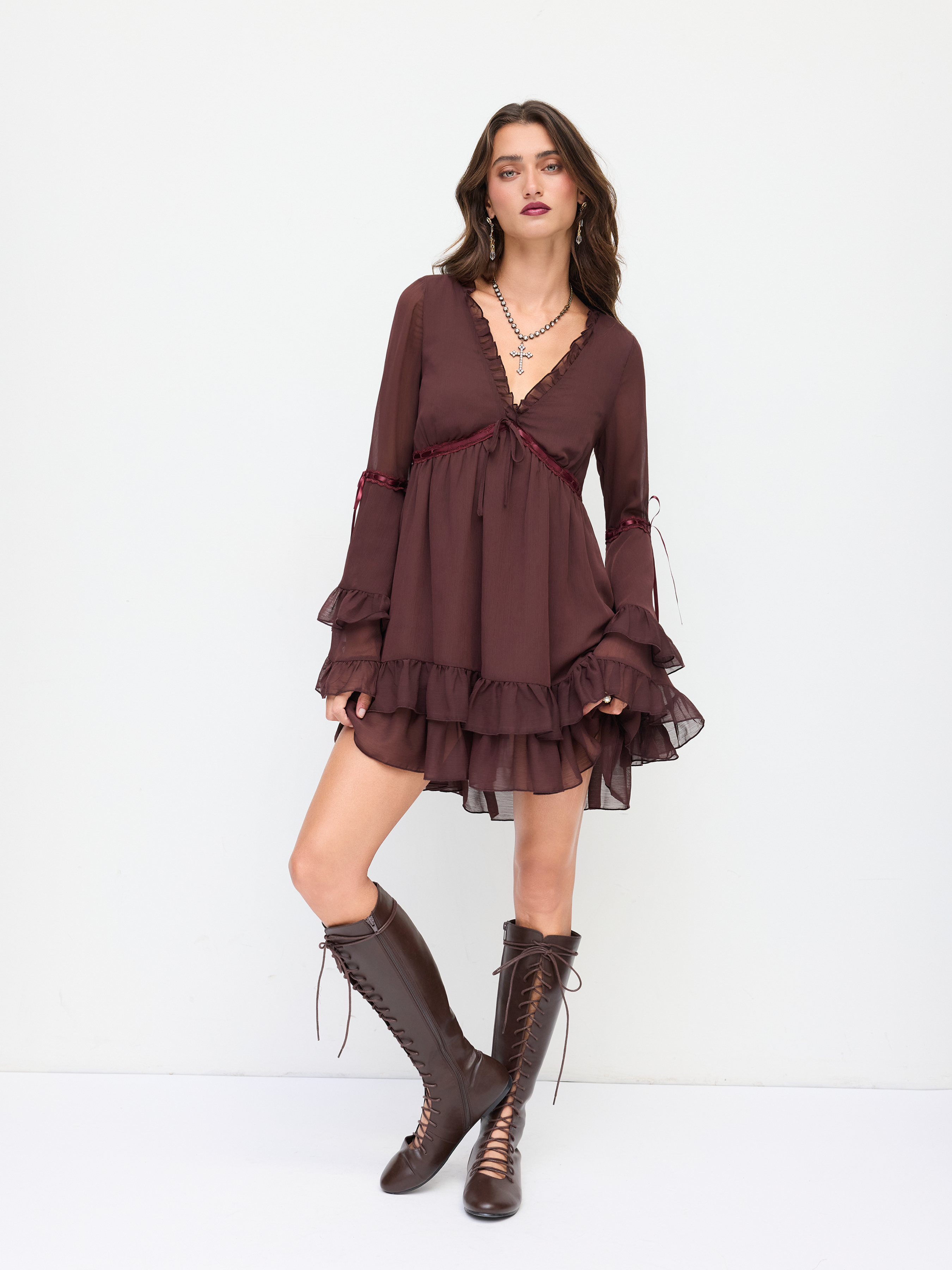 Chiffon V-neck Lettuce Trim Bowknot Ruffle Mini Dress