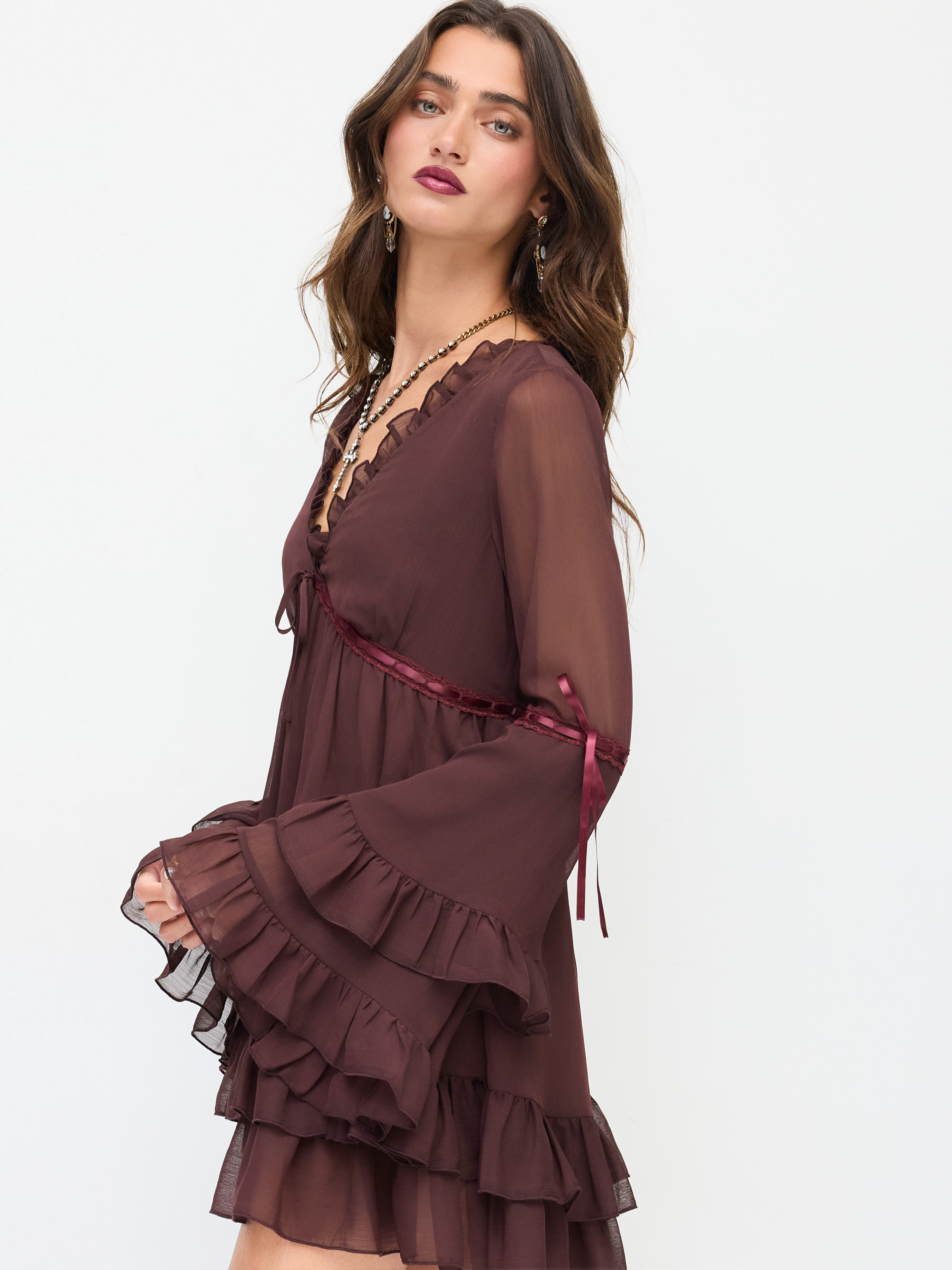 Chiffon V-neck Lettuce Trim Bowknot Ruffle Mini Dress