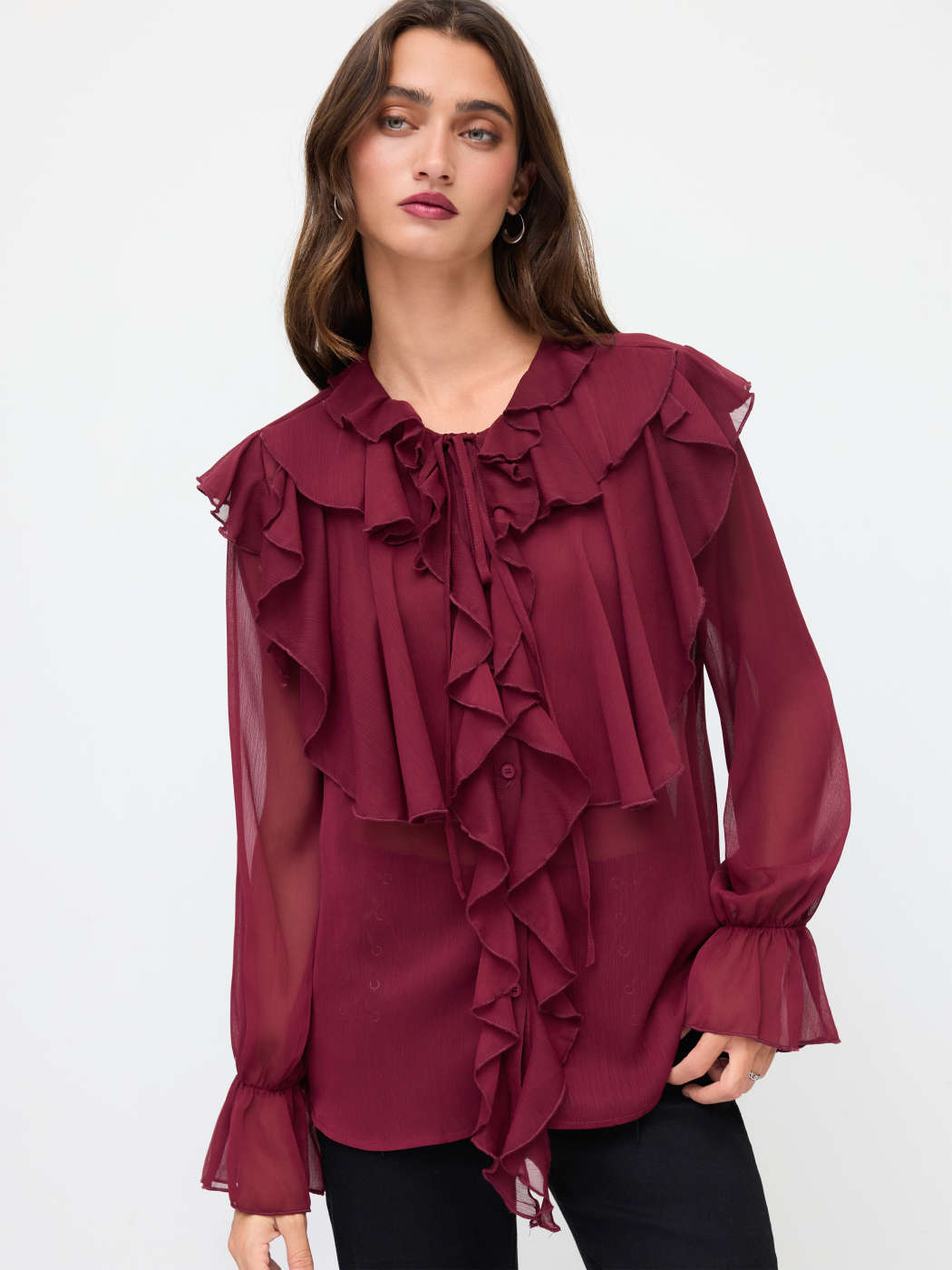 Chifón Blusa de chiffón con cuello redondo, nudos, volantes y