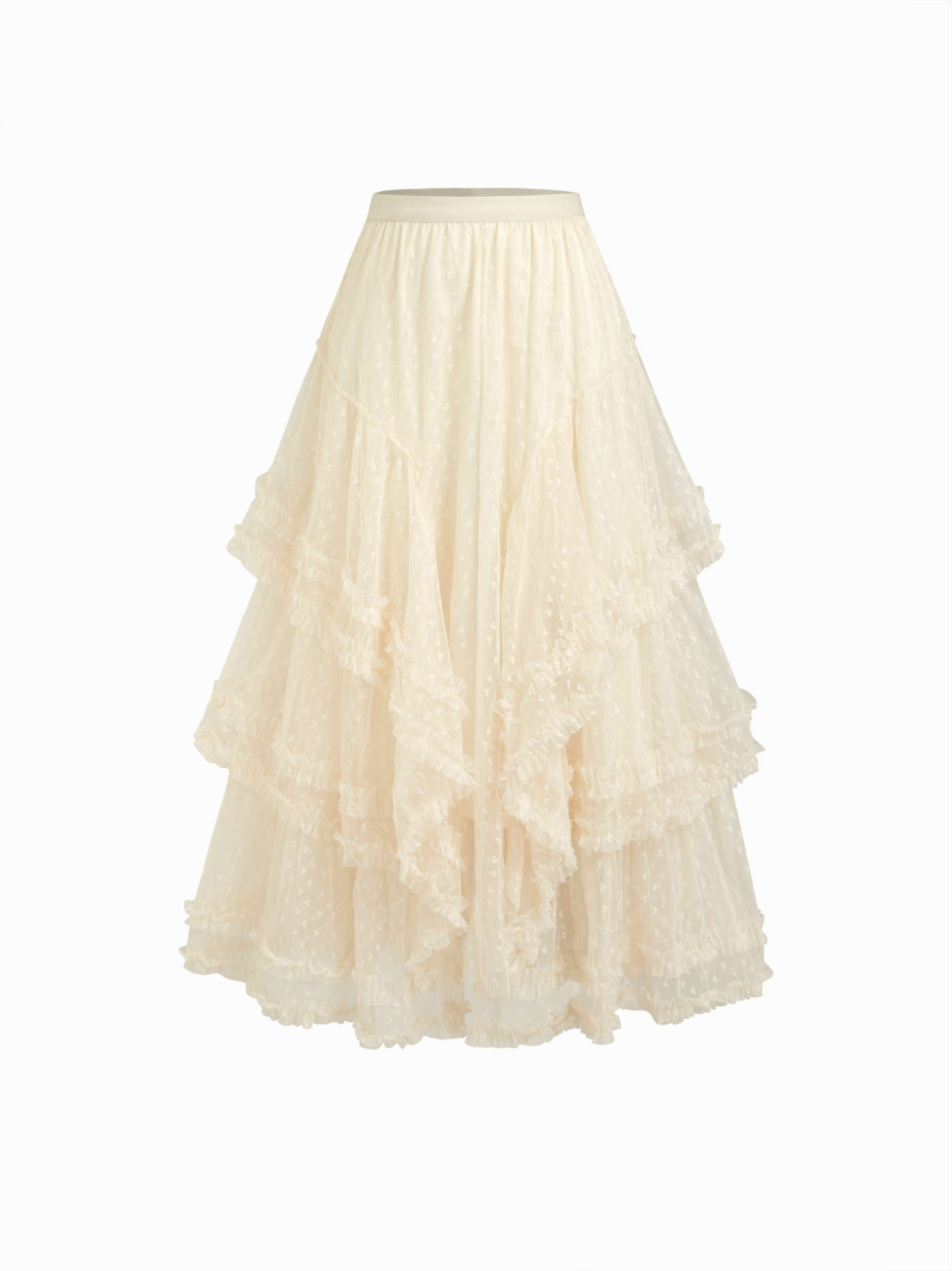 Voluminou Mesh Mid Rise Heart Lettuce Trim Tiered Maxi Skirt