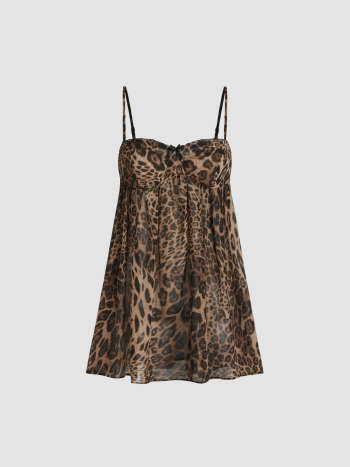 Chiffon Leopard Bowknot Oversized Mini Nightdress