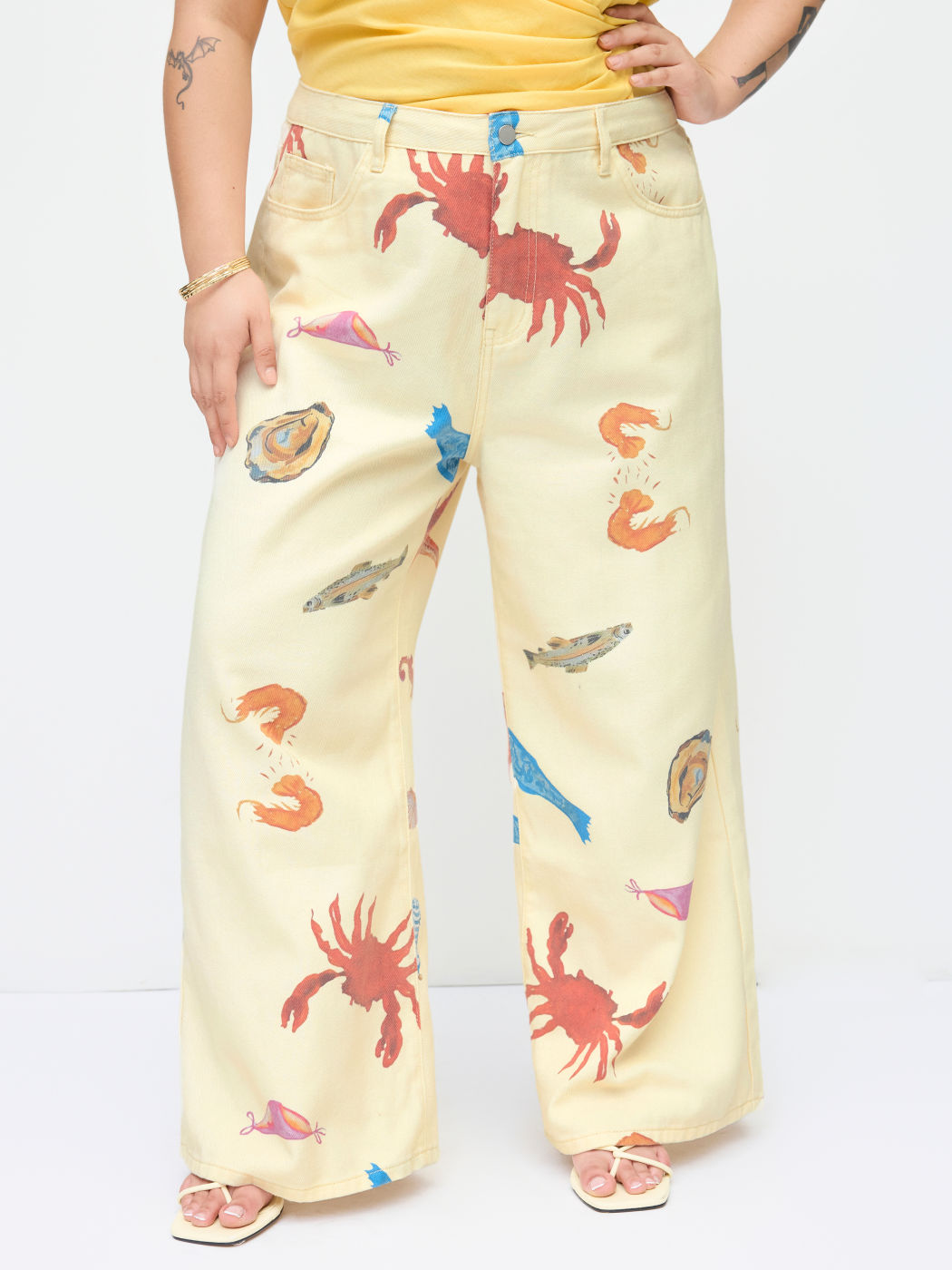 Cider Denim Low Rise Seafood Pattern Wide Leg Jens Curve & Plus