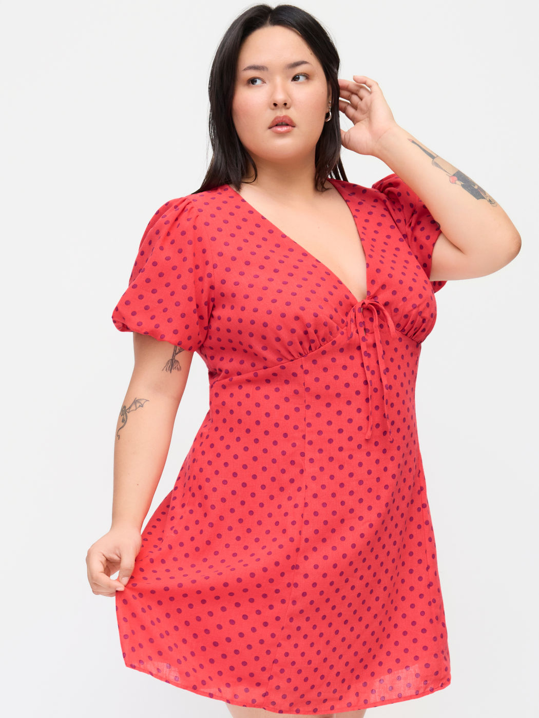 V-neck Puff Sleeve Polka Dot Knotted Mini Dress Curve & Plus