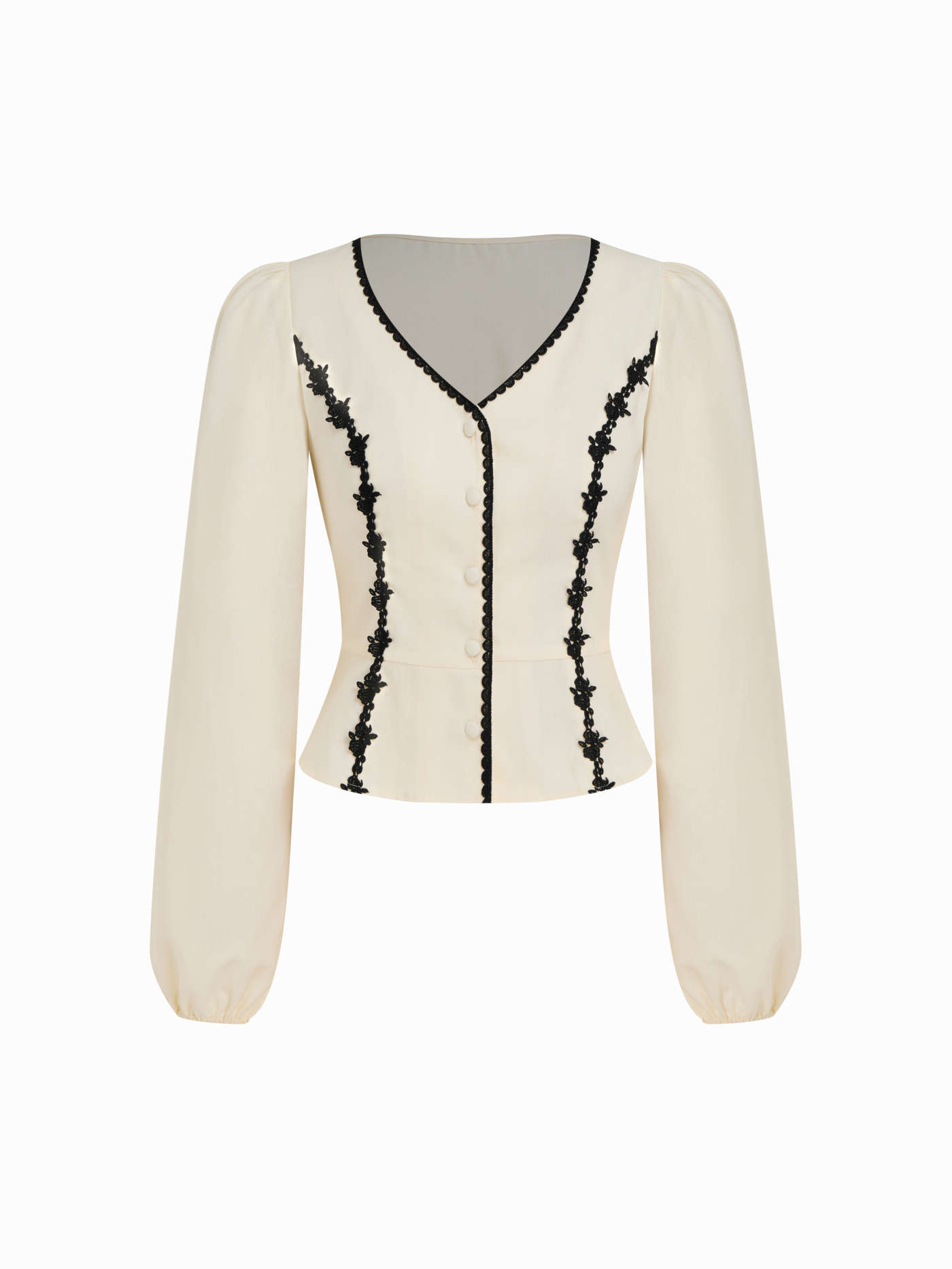 Linen & Cotton-blend V-neck Floral Embroidery Contrasting Binding Blouse