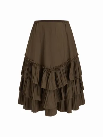 Mid Rise Lettuce Trim Pleated Layered Midi Skirt