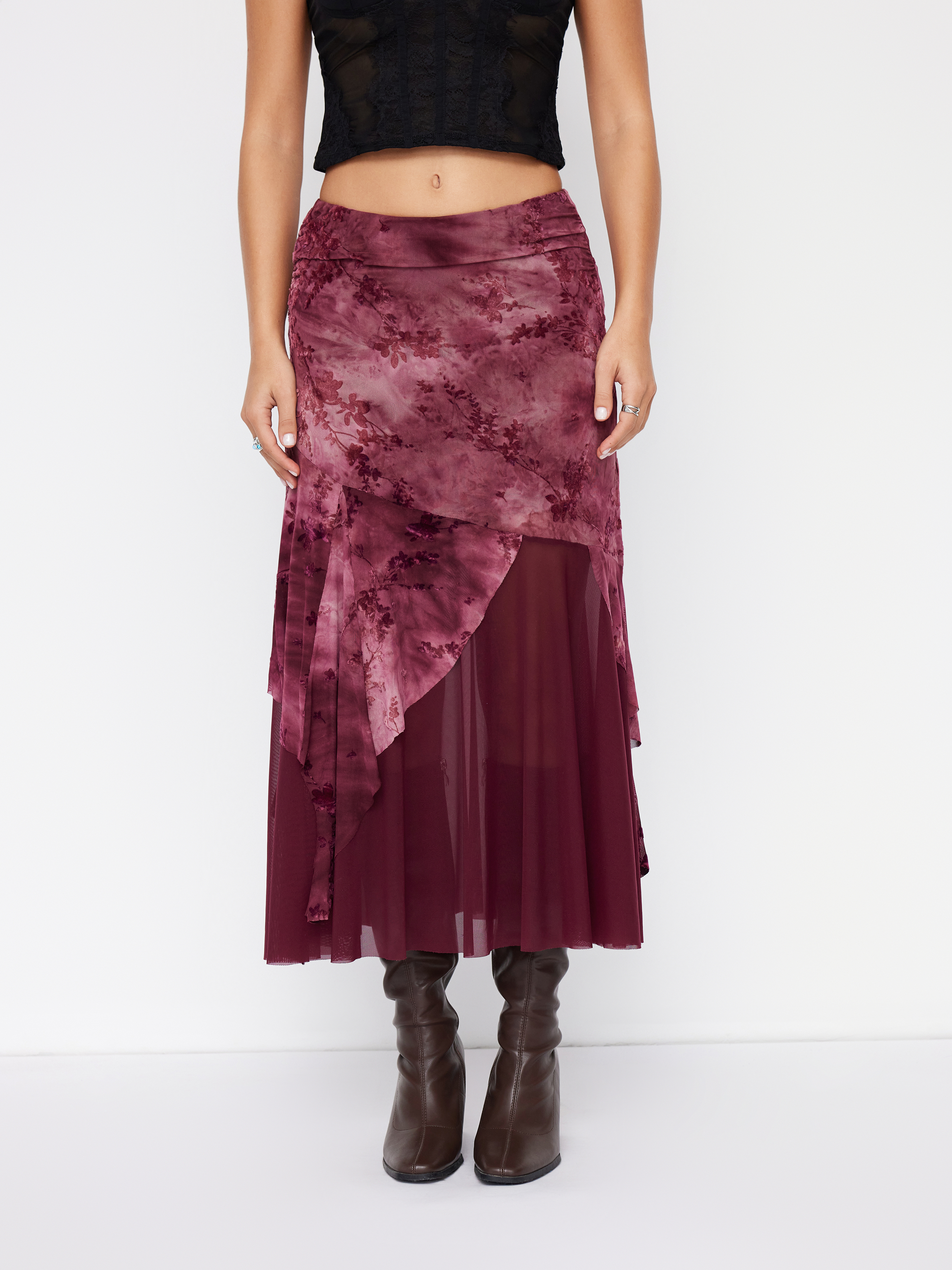 Mesh Mesh Mid Rise Floral Tie Dye Asymmetrical Hem Tulle Maxi