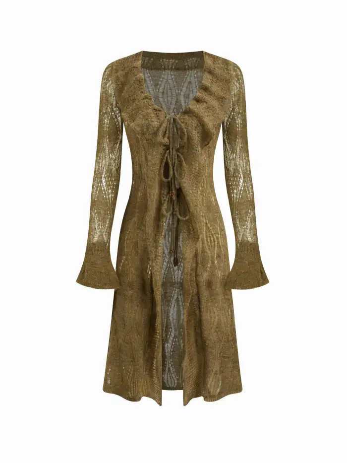 Knit Fabric Knit Wool-blend V-neck Beaded Tie Front Ripped Split Ruffle Hem Midi Dress For Music Festival/Live House Knit Fabric Knit Wool-blend V-neck Beaded Tie Front Ripped Split Ruffle Hem Midi Dress For Music Festival/Live House