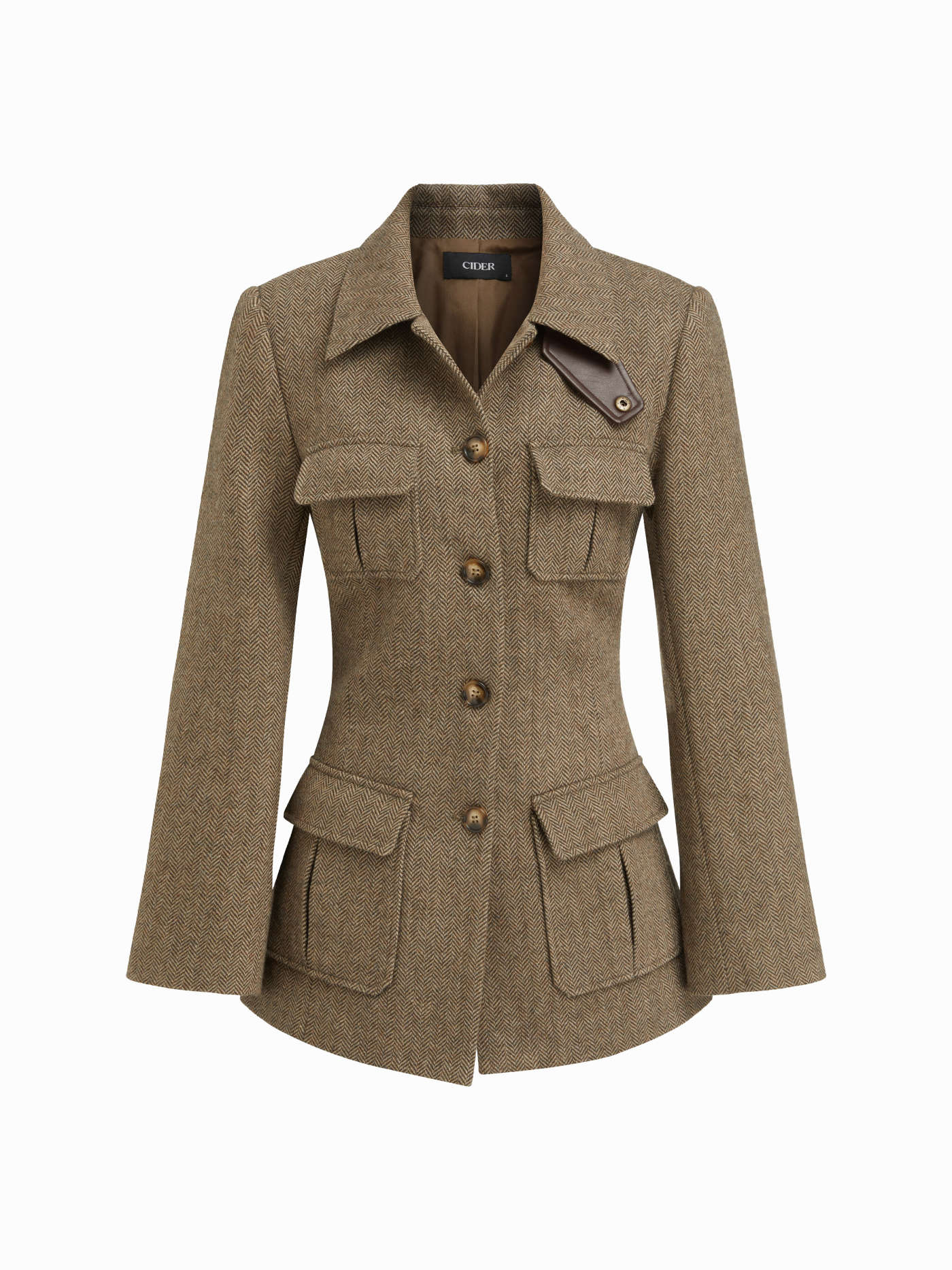 Wool-look Collar Button Pocket Cinched Waist Jacket
