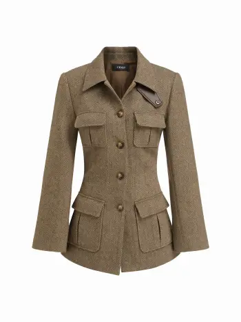 Jacke mit Wolloptik, Kragen, Knöpfen, Taschen und eingeschnürter Taille