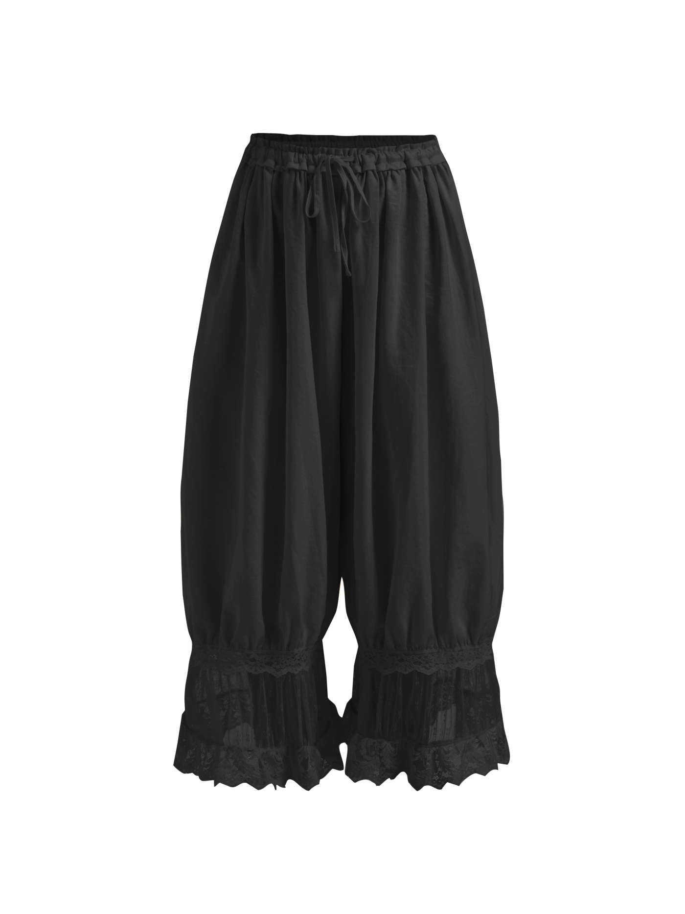 Woven Mid Rise Lace Patched Drawstring Cropped Bloomer Pants For Daily Casual