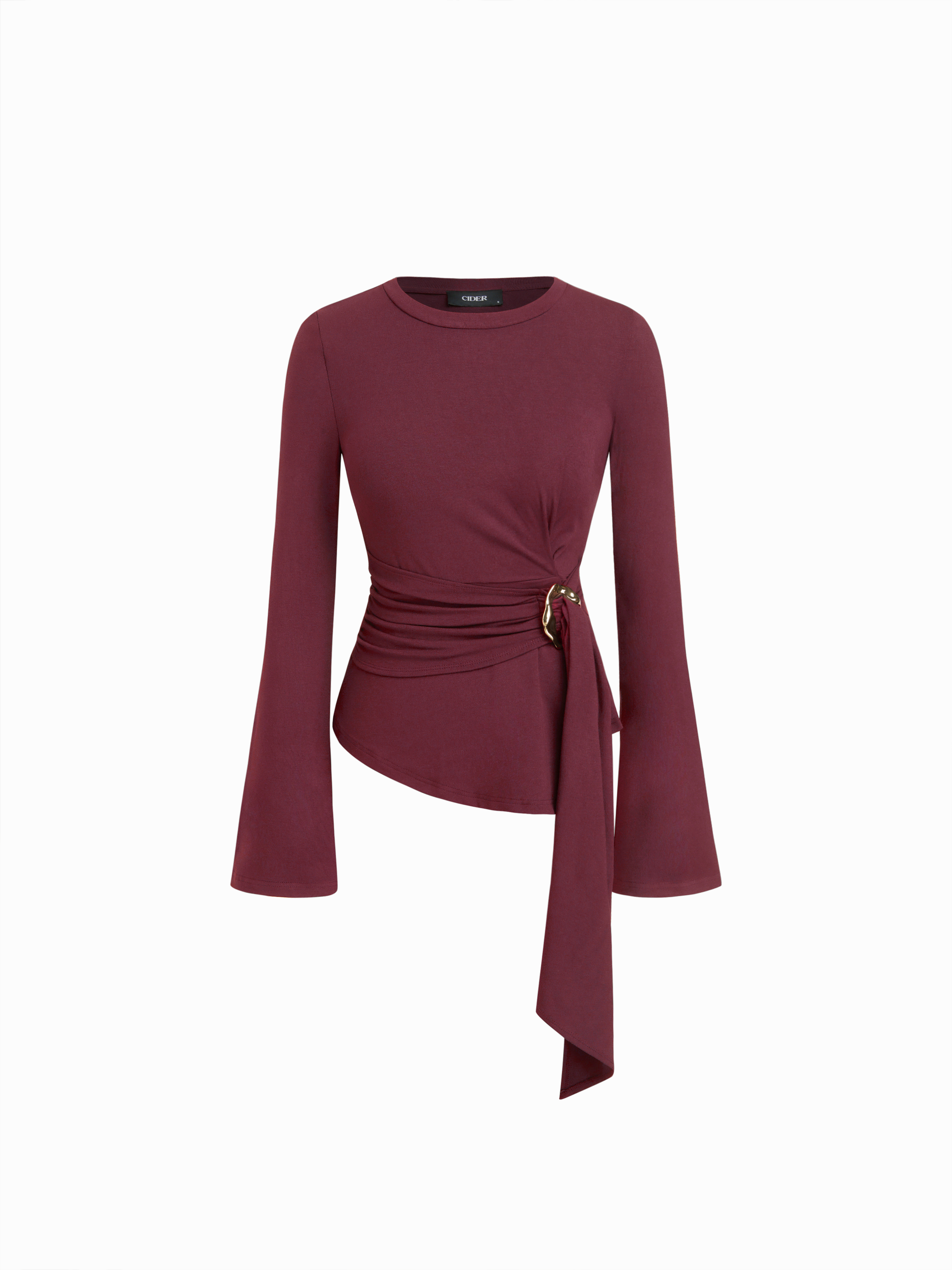 Tricot Round Neckline Ruched Metal Detail Long Sleeve Tee For Décontracté quotidien