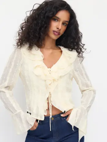 V-neck Long Sleeve Ruffle Trim Tie Front Bow Blouse