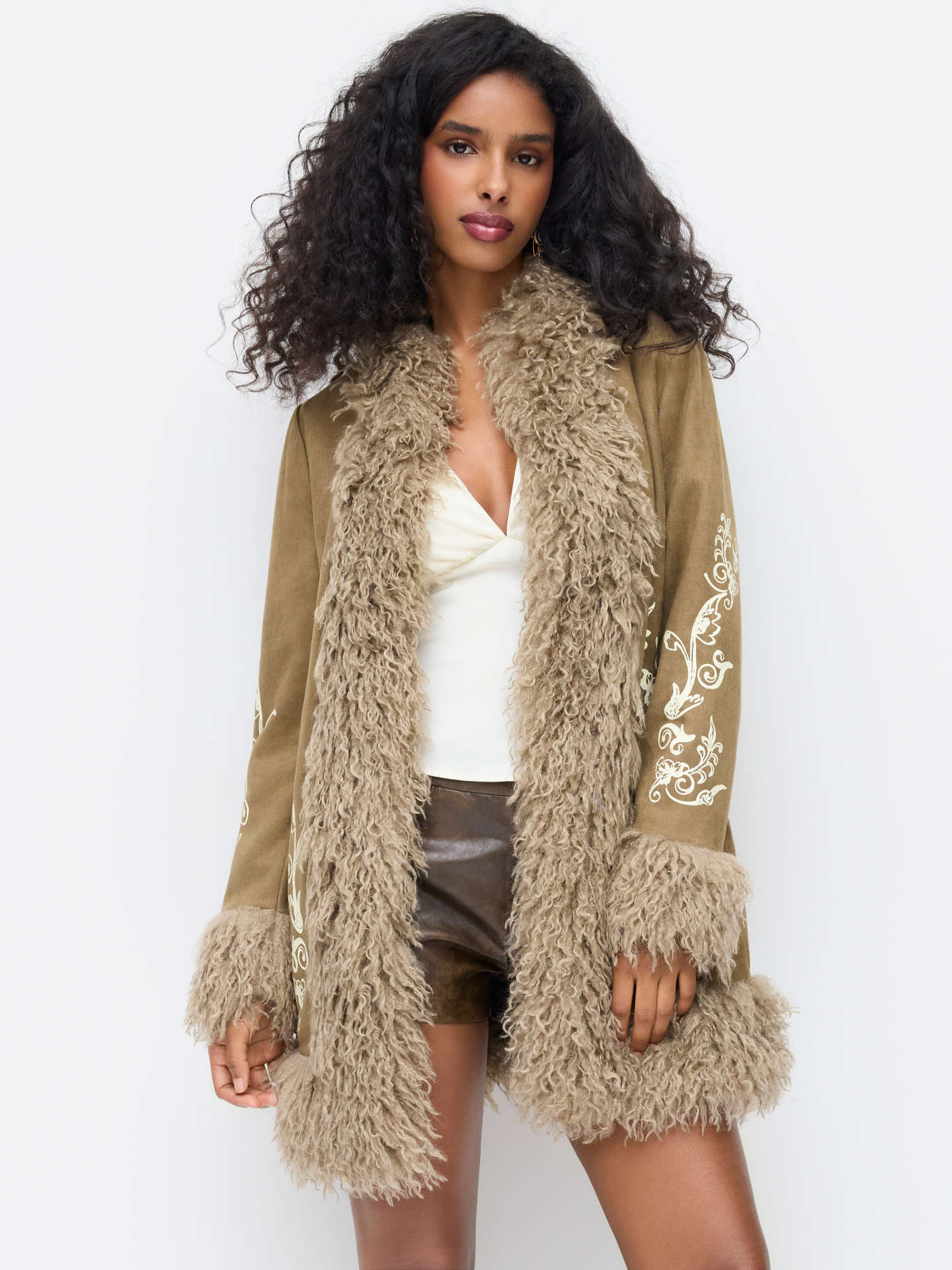 Velours Velvet Collar Faux Fur Trim Graphic Coat For Congés