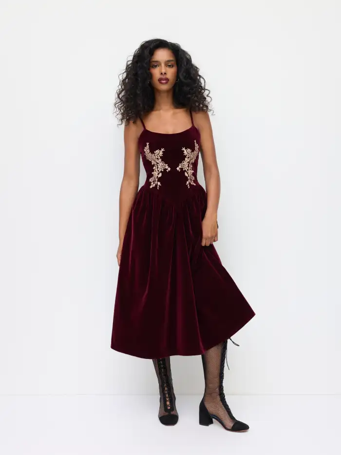 Velvet U-neckline Floral Embroidery Midi Dress