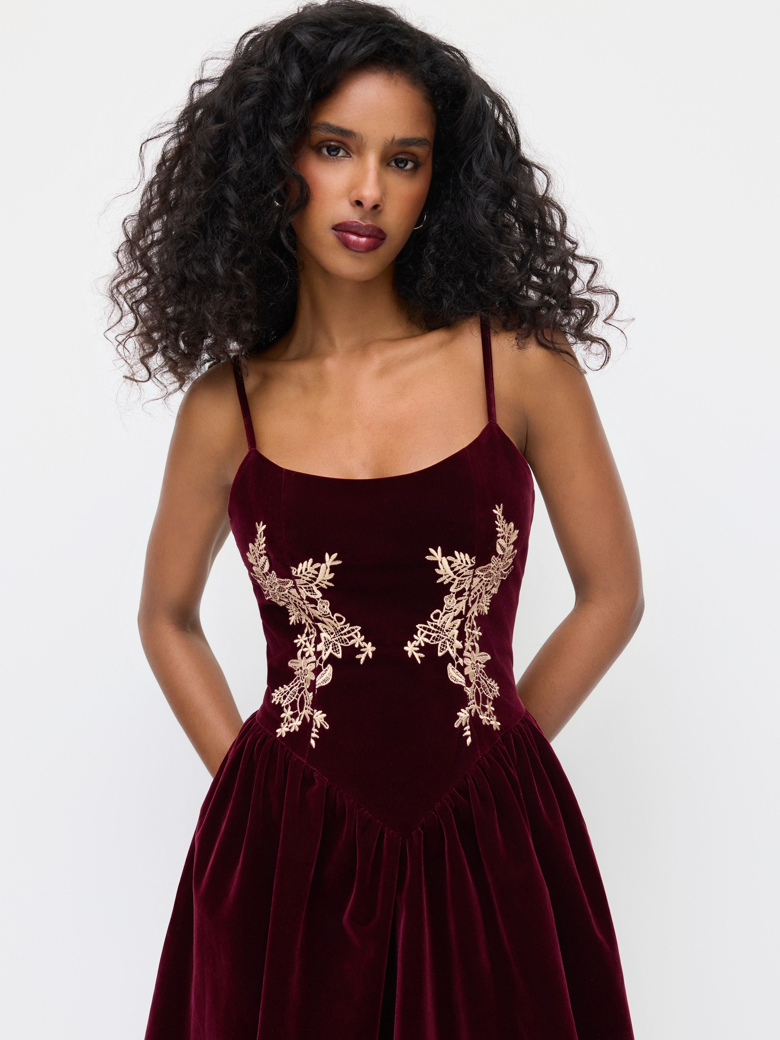 Velvet U-neckline Floral Embroidery Midi Dress