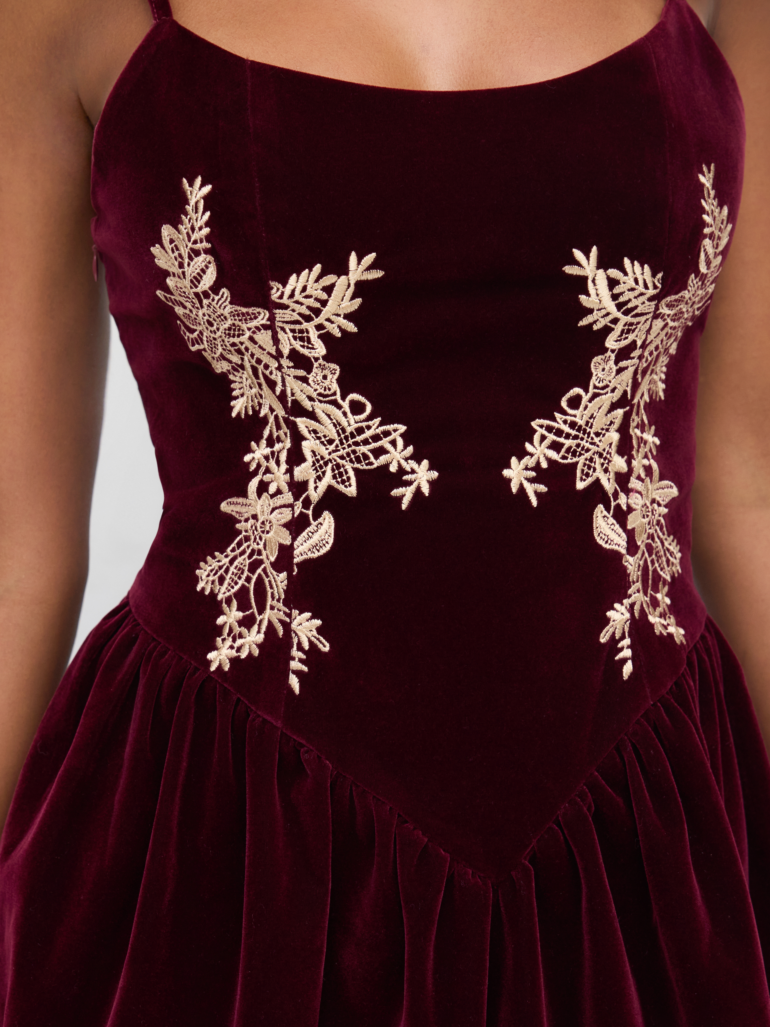 Velvet U-neckline Floral Embroidery Midi Dress