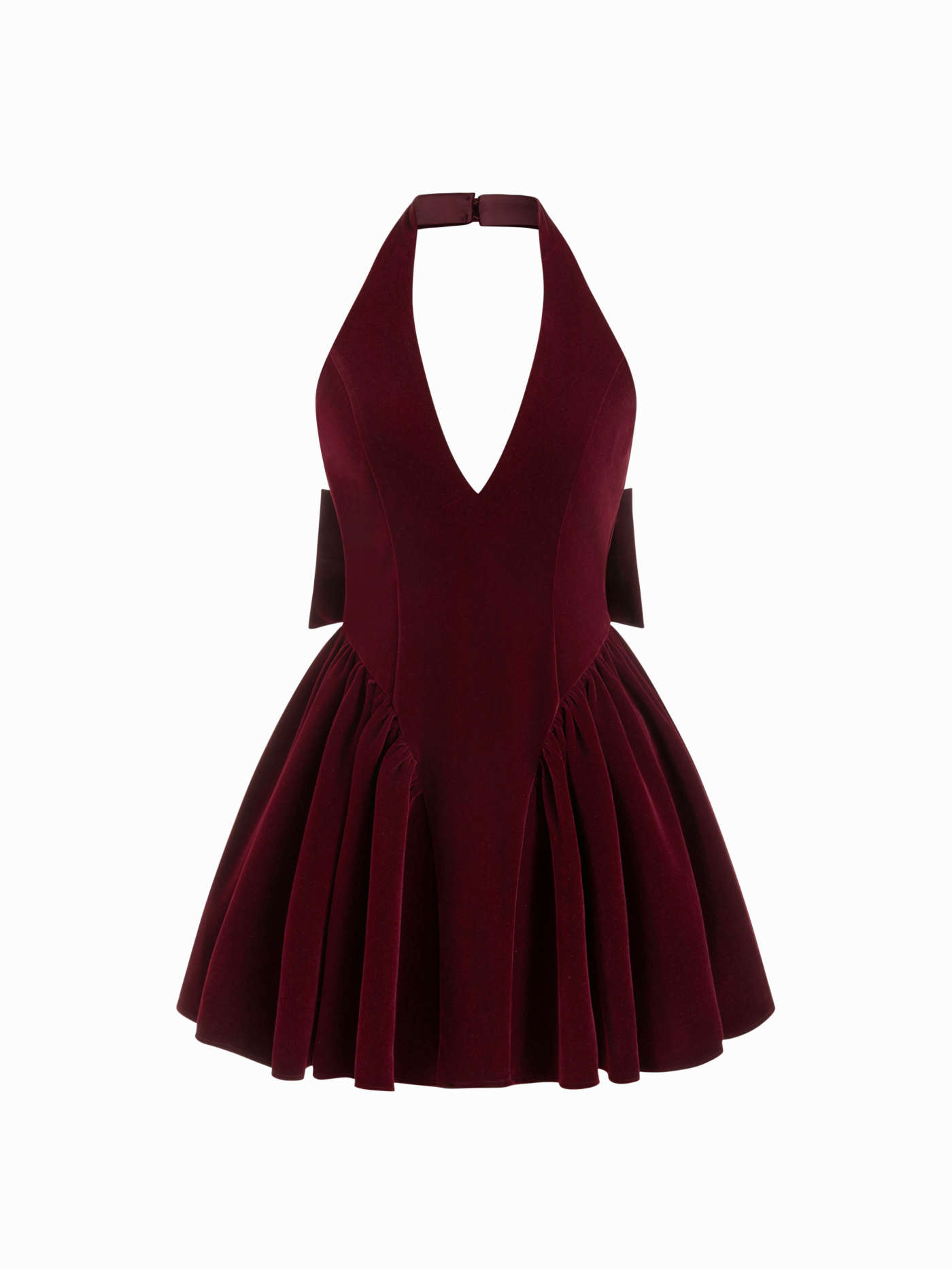 Velvet Halter V-neck Bowknot Backless Ruffle Mini Dress