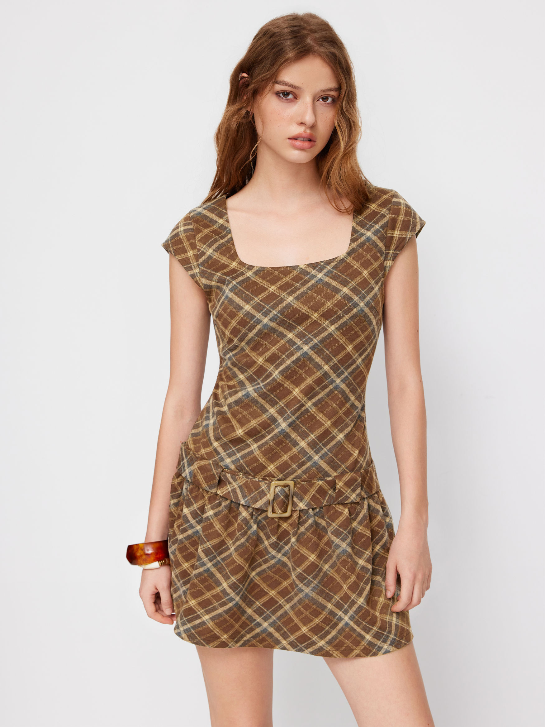 Square Neck Plaid Mini Dress With Belt