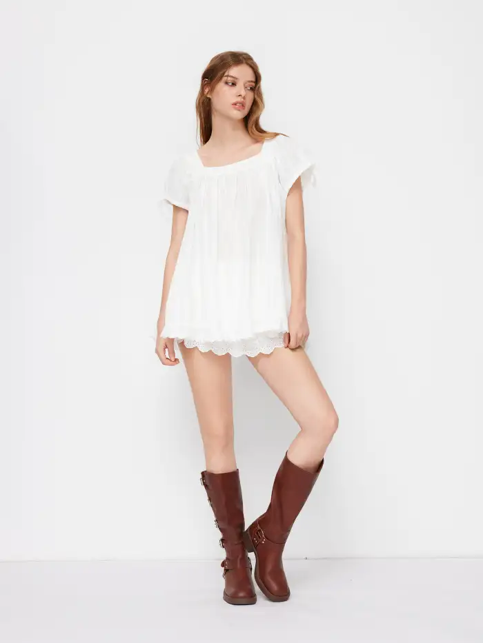 Denim Peter Pan Collar Ruched Puff Sleeve Blouse