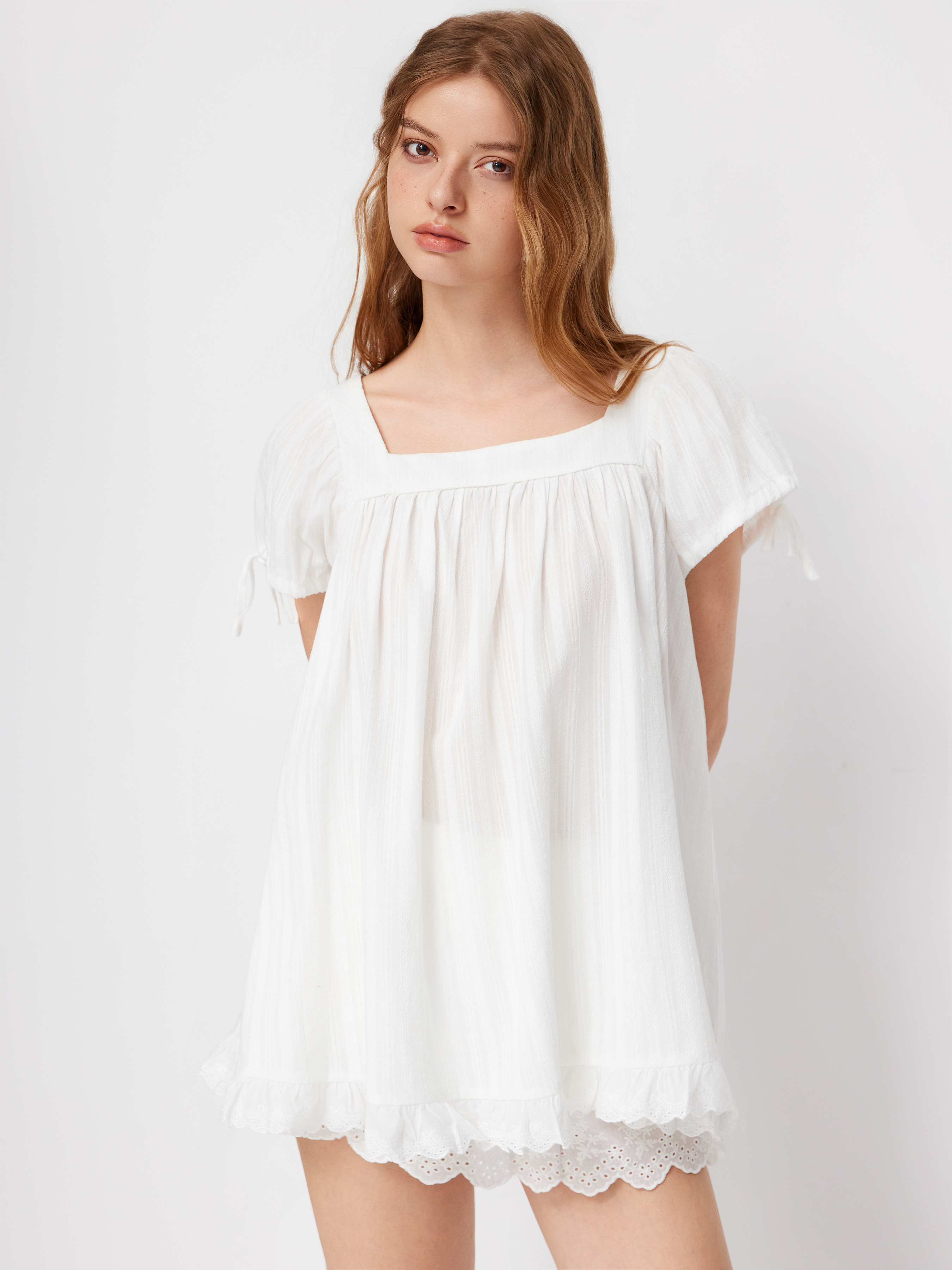 100% Recycled Cotton Square Neck Solid Ruffle Knotted Short Sleeve Blouse