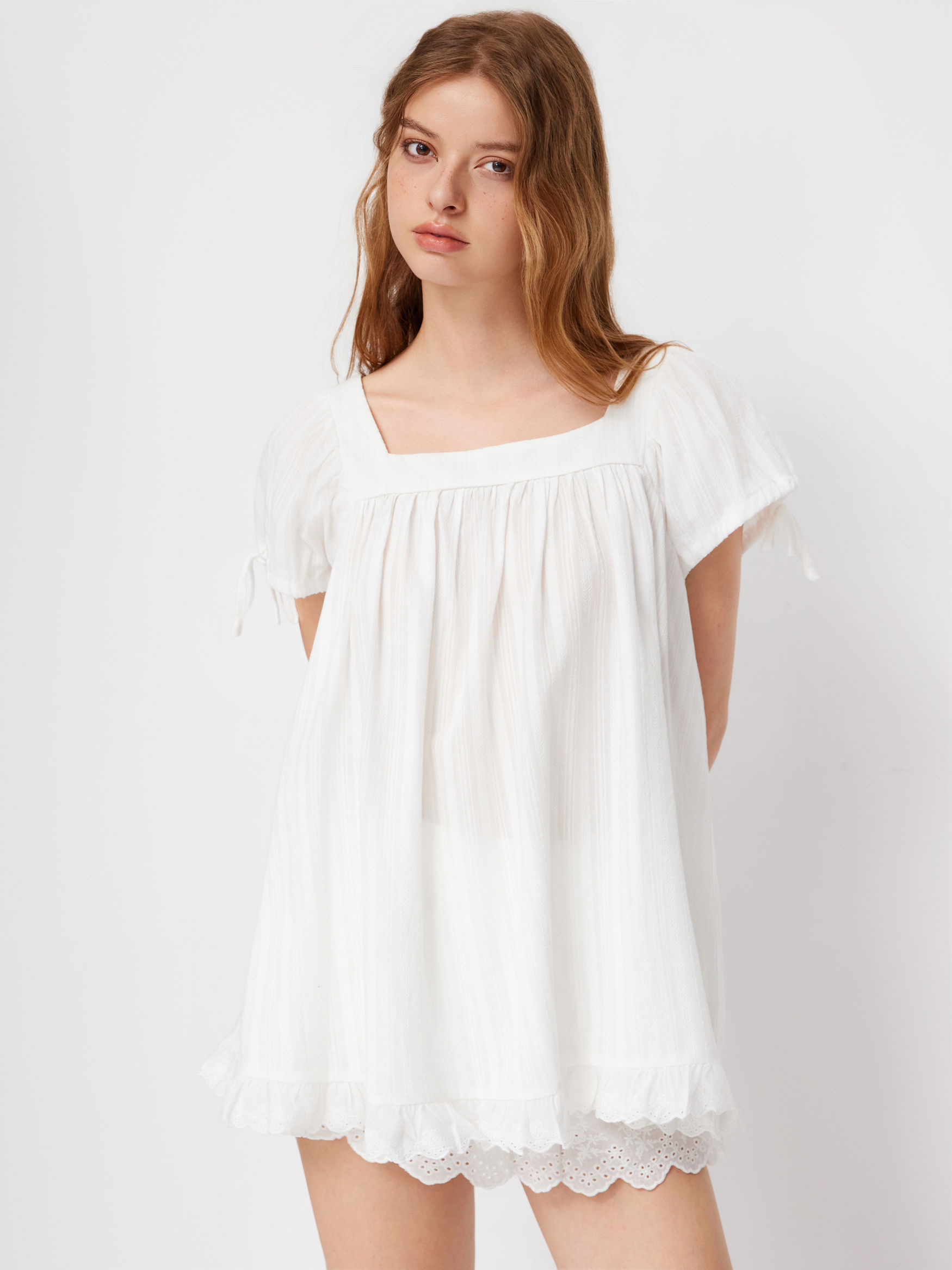 100% Recycled Cotton Square Neck Solid Ruffle Knotted Short Sleeve Blouse