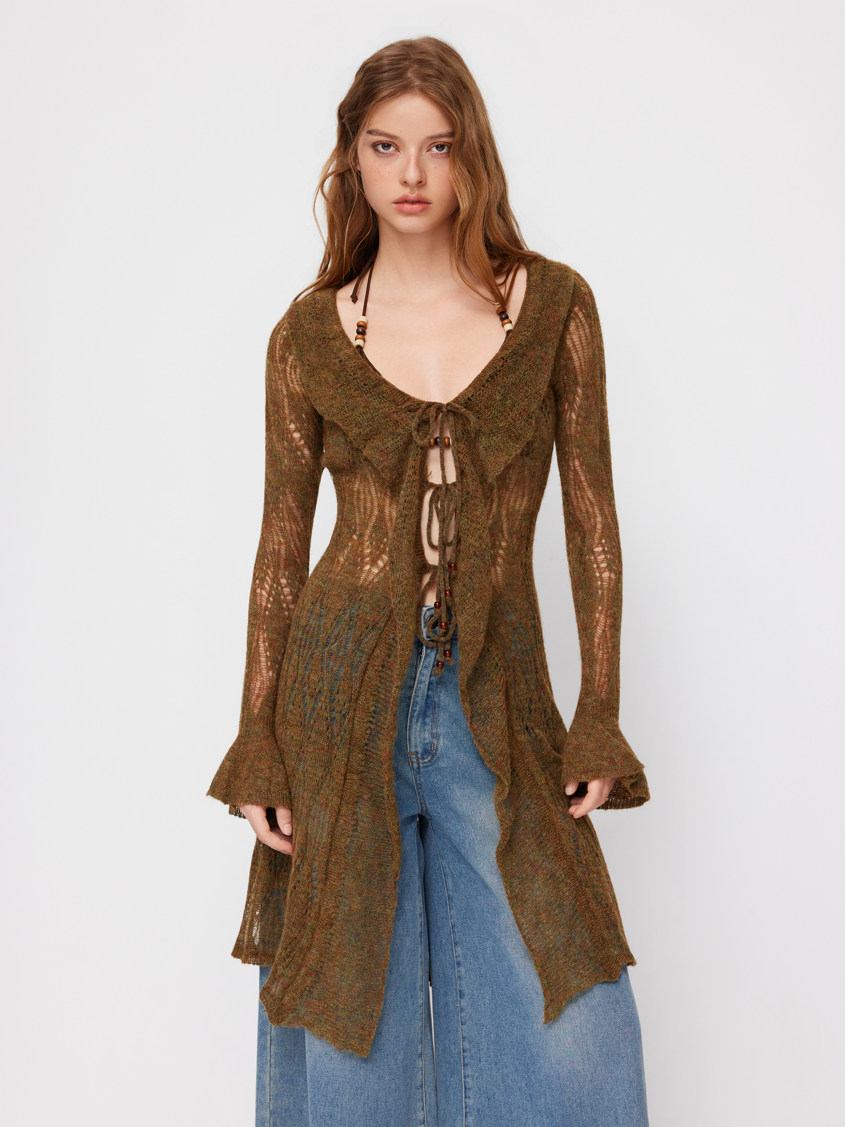 Knit Wool-blend V-neck Beaded Tie Front Ripped Split Ruffle Hem Midi Dress