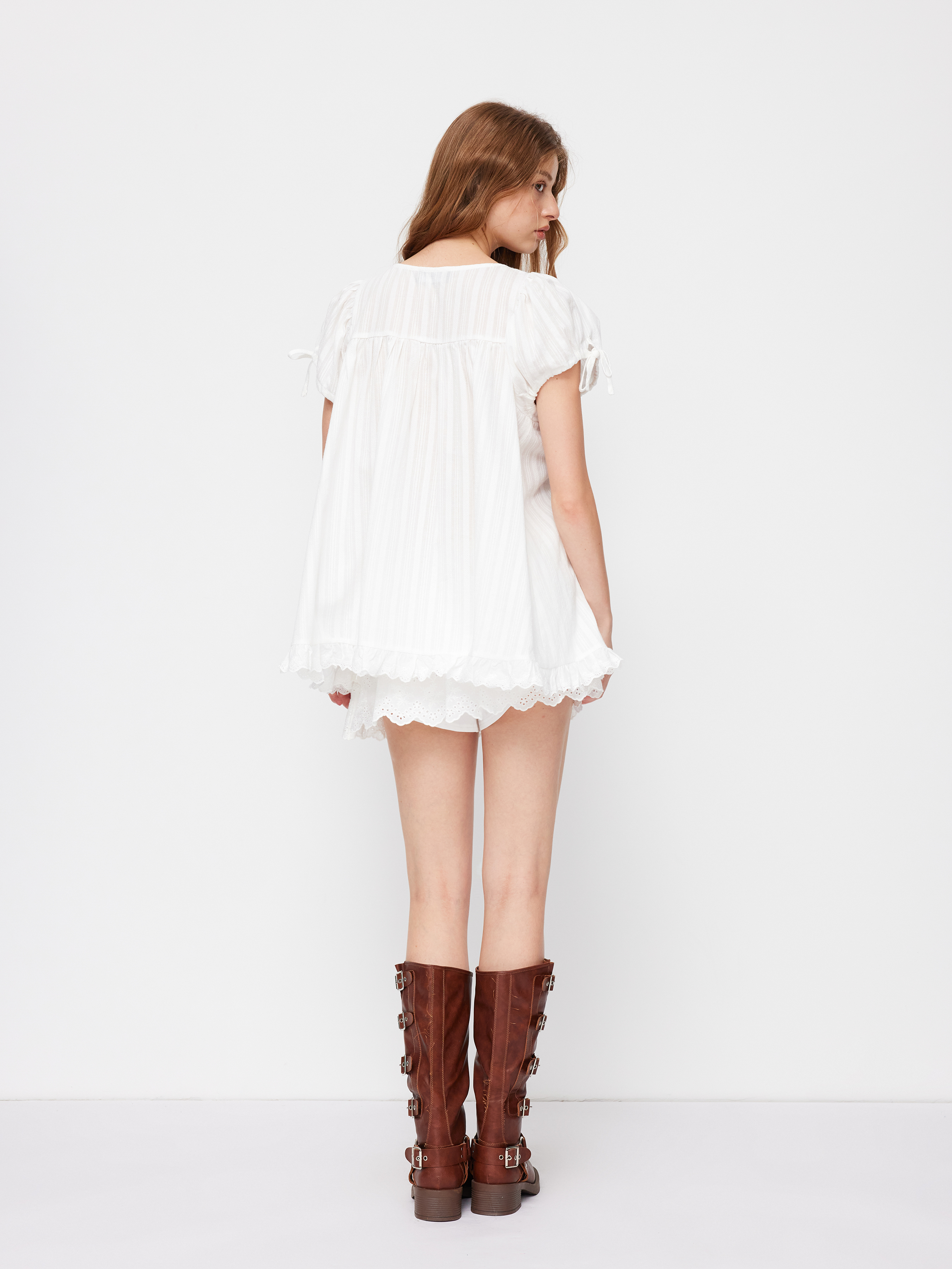 100% Recycled Cotton Square Neck Solid Ruffle Knotted Short Sleeve Blouse