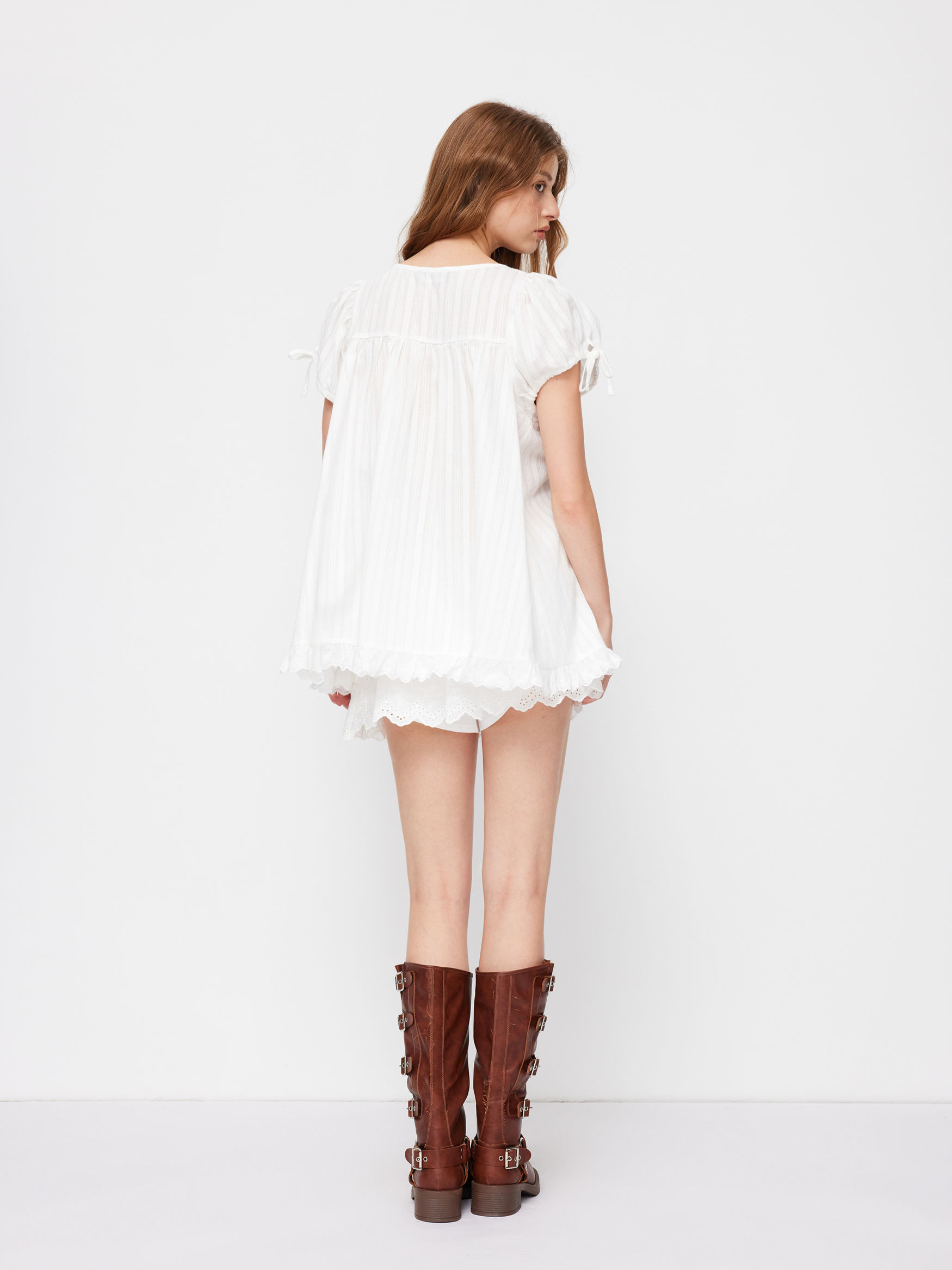 100% Recycled Cotton Square Neck Solid Ruffle Knotted Short Sleeve Blouse