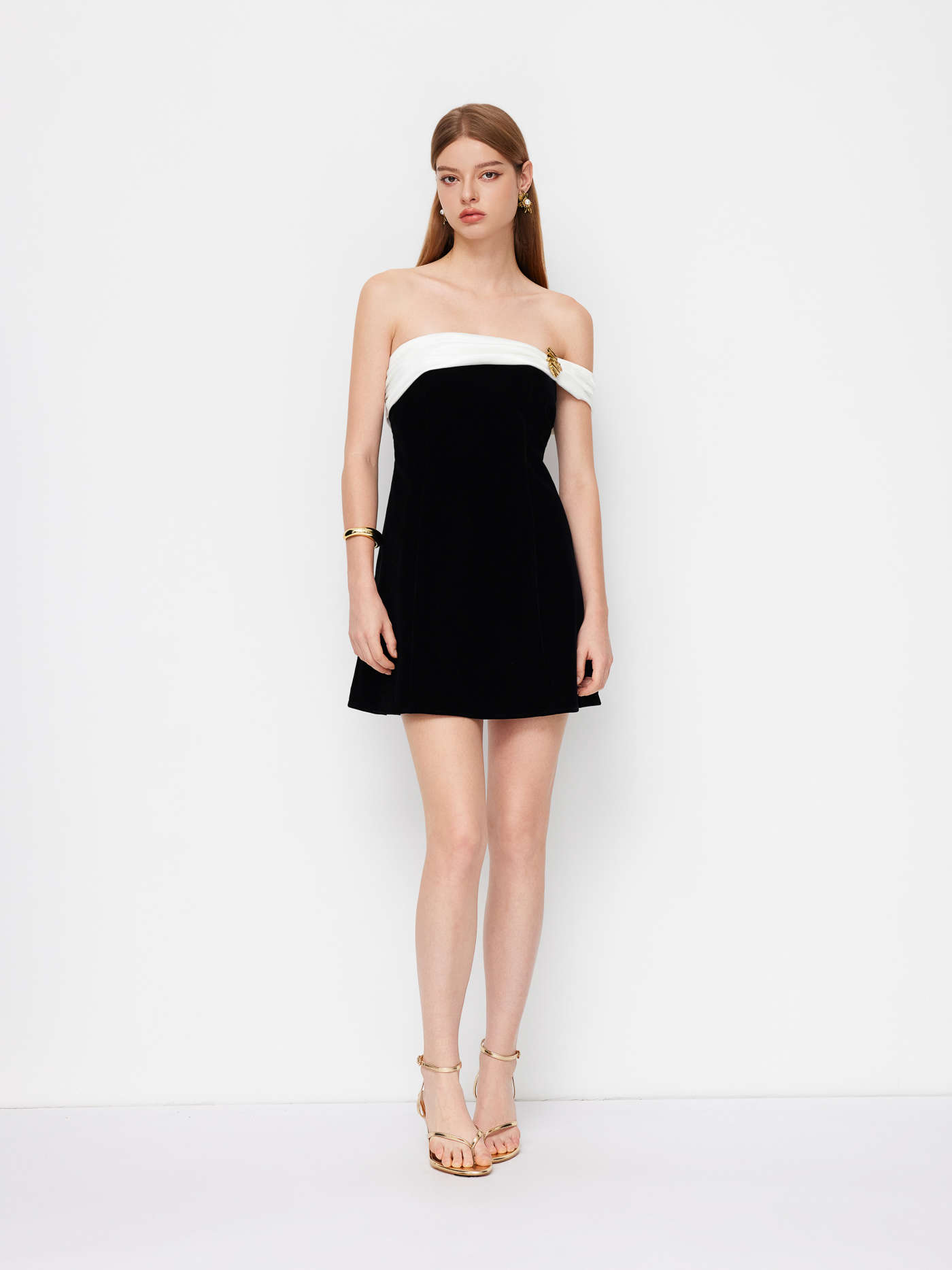 Velvet Two Tone Off-shoulder Metal Detail Mini Dress