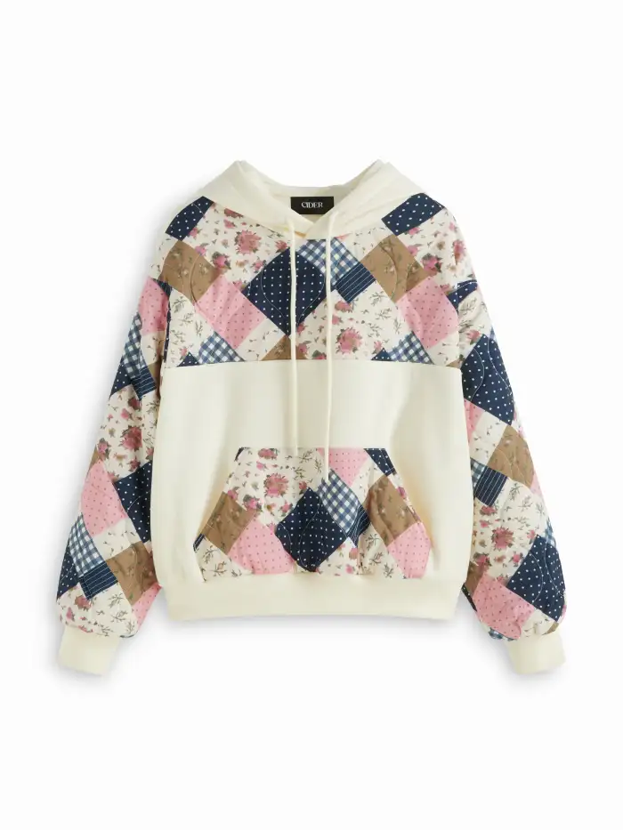 Fleece Stand Collar Floral Colorblock Drawstring Jacket