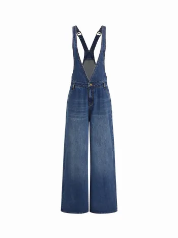 Denim-Overall mit tiefem V-Ausschnitt und Verschluss, Breitbein