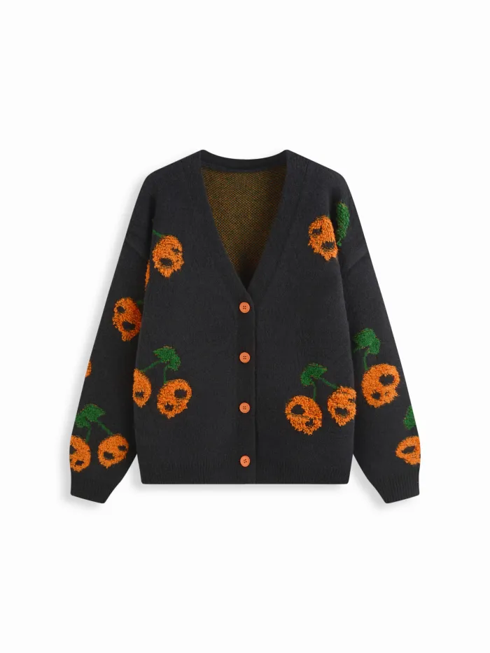 Knit V-neck Skeleton Cherry Pattern Oversized Cardigan