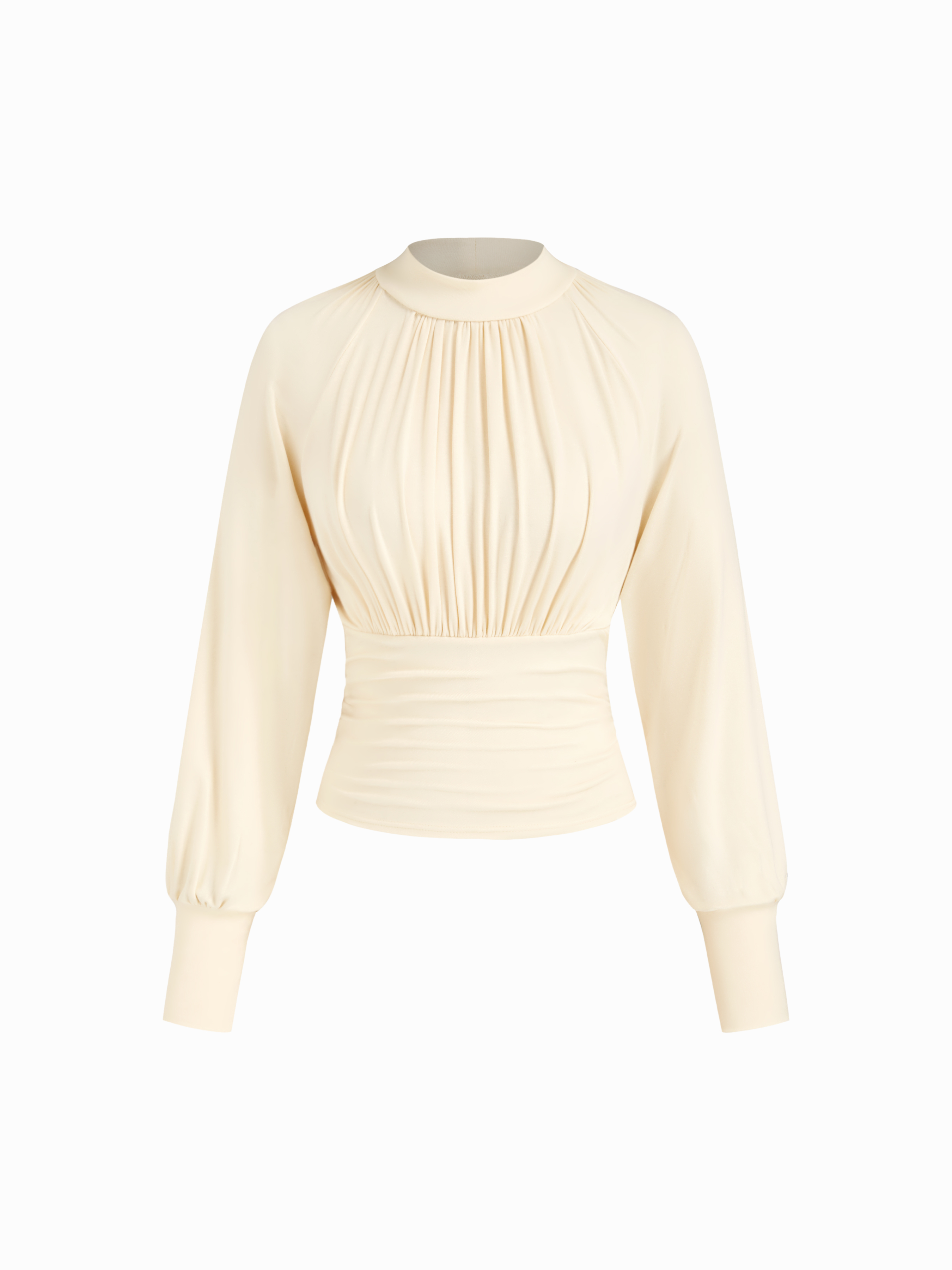 Tricot High Neck Long Sleeve Ruched Cinched Waist Blouse For Décontracté quotidien
