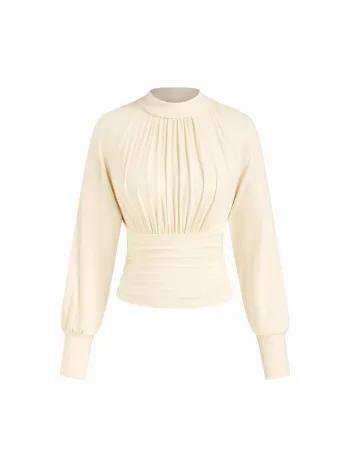 Blusa a maniche lunghe con collo alto, arricciata e con cintura in vita