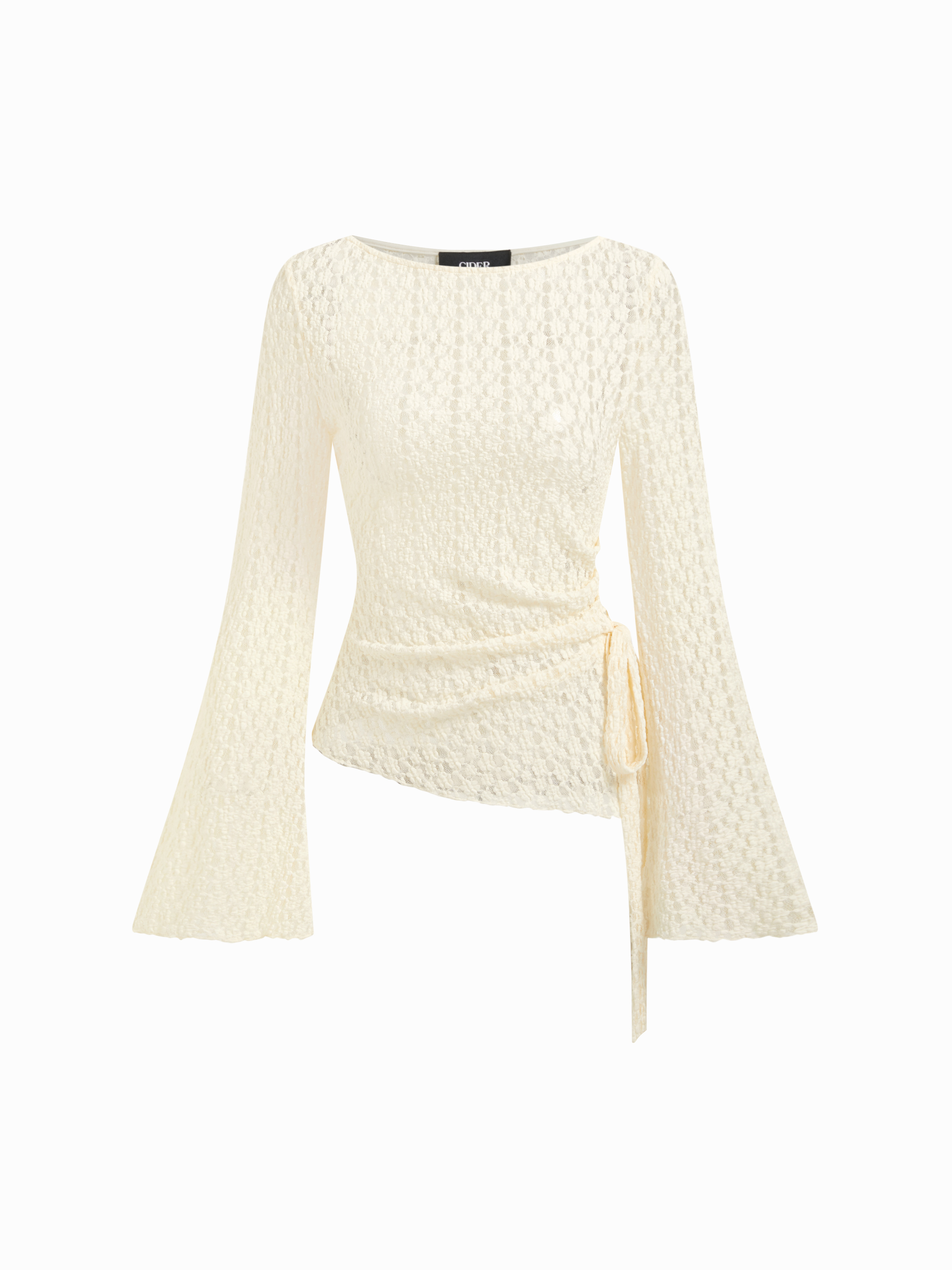 Dentelle Lace Boat Neck Floral Ruched Asymmetrical Hem Bell Sleeve Top For Décontracté quotidien