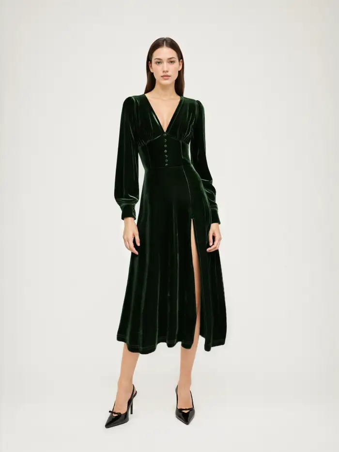 Velvet V-neck Solid Puff Sleeve Lace Maxi Dress