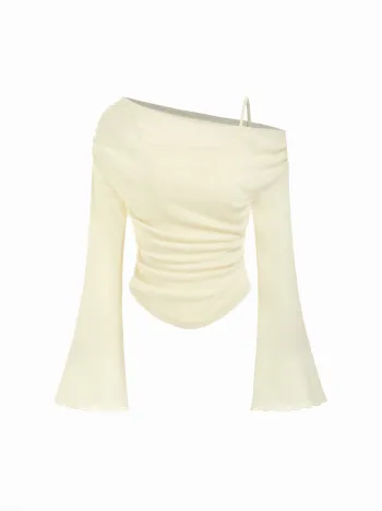 Asymmetrical Neck Ruched Lettuce Trim Tee