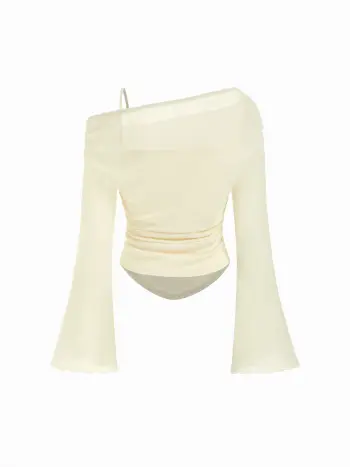 Asymmetrical Neck Ruched Lettuce Trim Tee