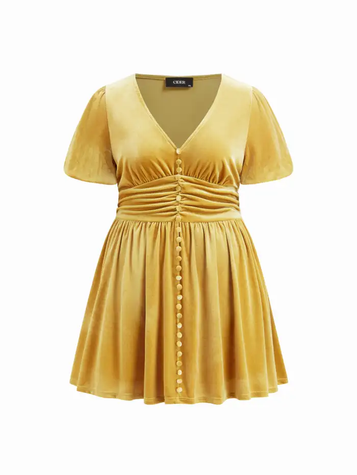 Velvet V-neck Ruched Ruffle Hem Mini Dress Curve & Plus