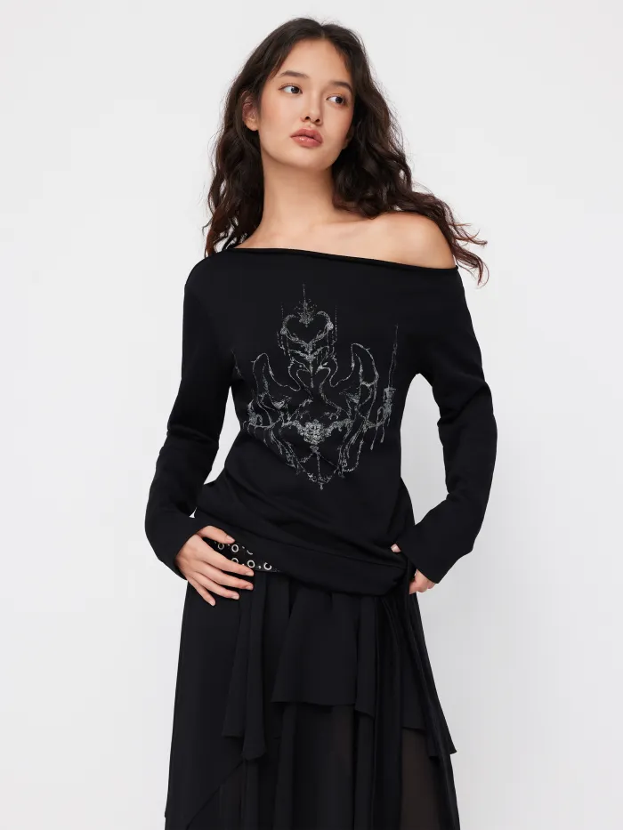 Asymmetrical Neck Long Sleeve Contrasting Lace Ruched Tee