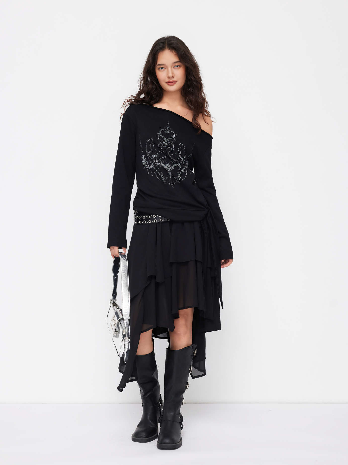 Cotton-blend Abstract Graphic Asymmetrical Neck Long Sleeve Tie Side Oversized Tee